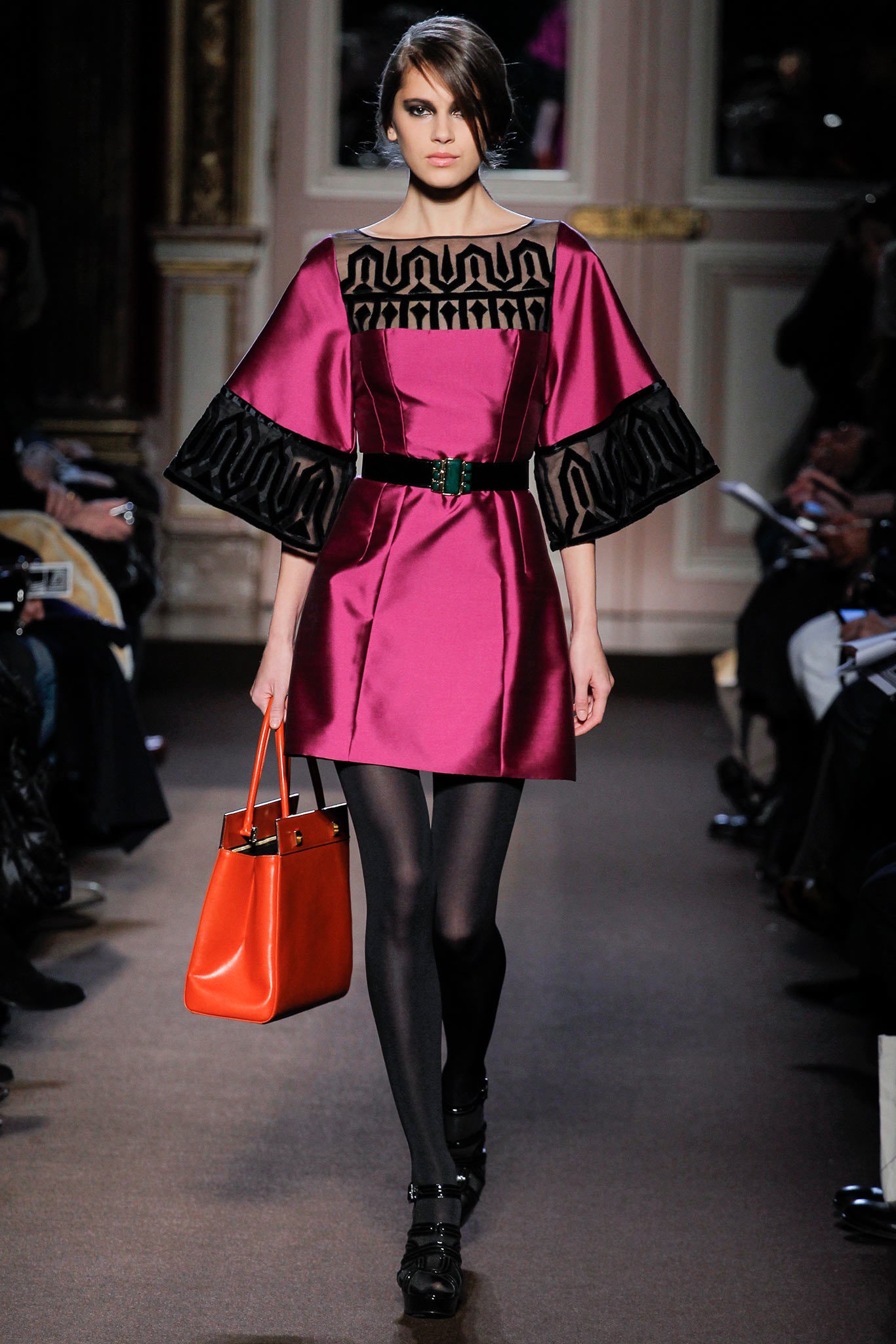 pink satin short-sleeve collared fitted structured belted dress
