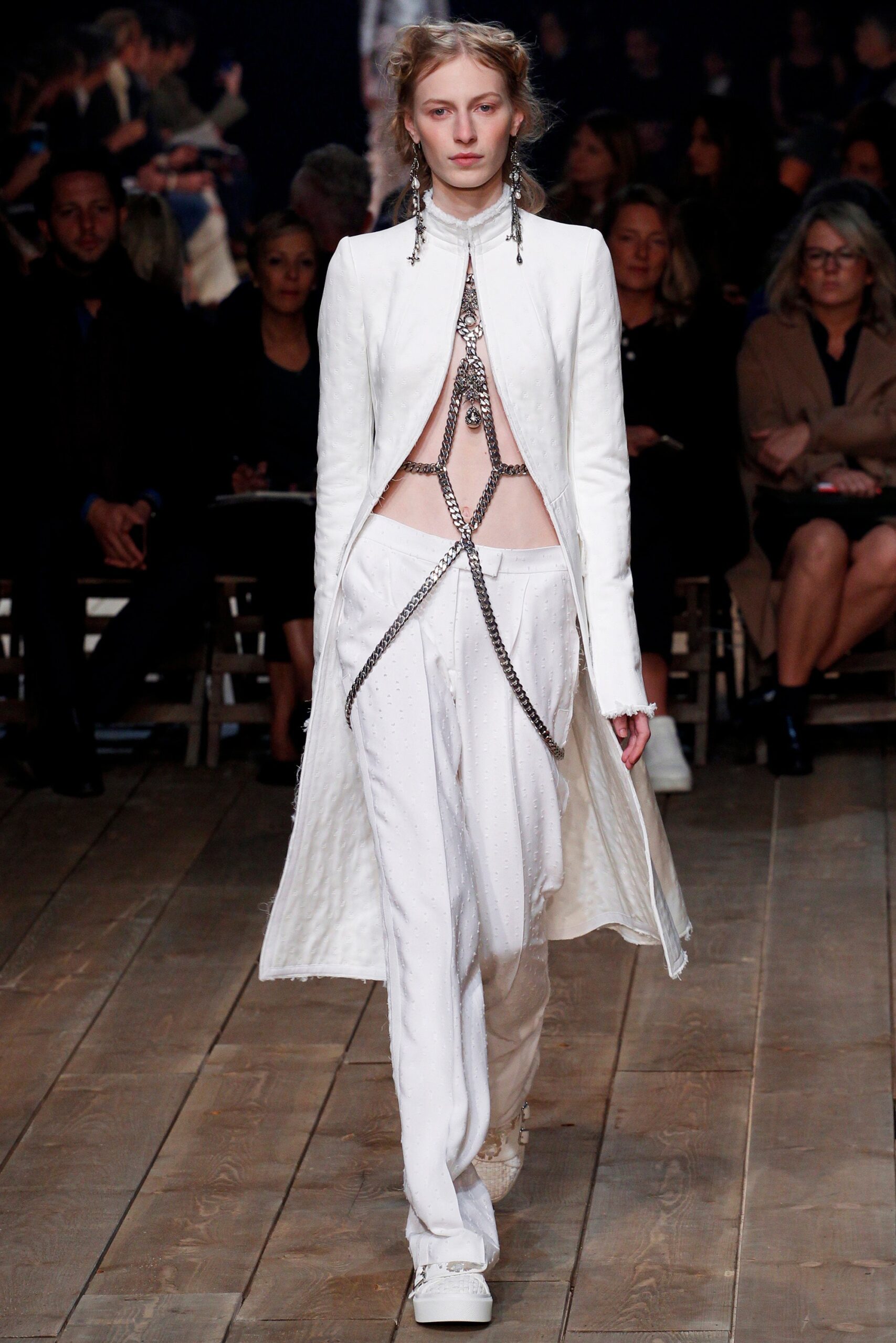 white silk long-sleeve collared fitted draped midi coat