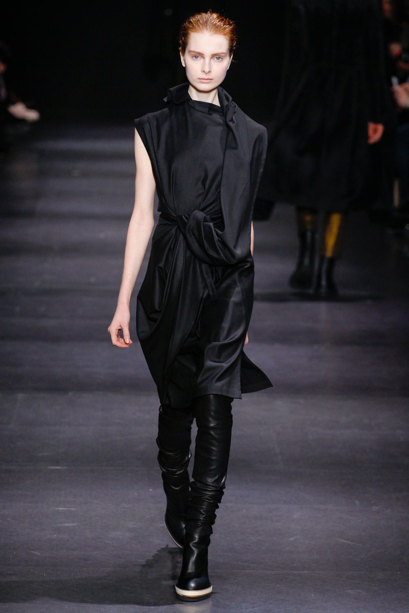 black silk draped midi dress with fitted boots