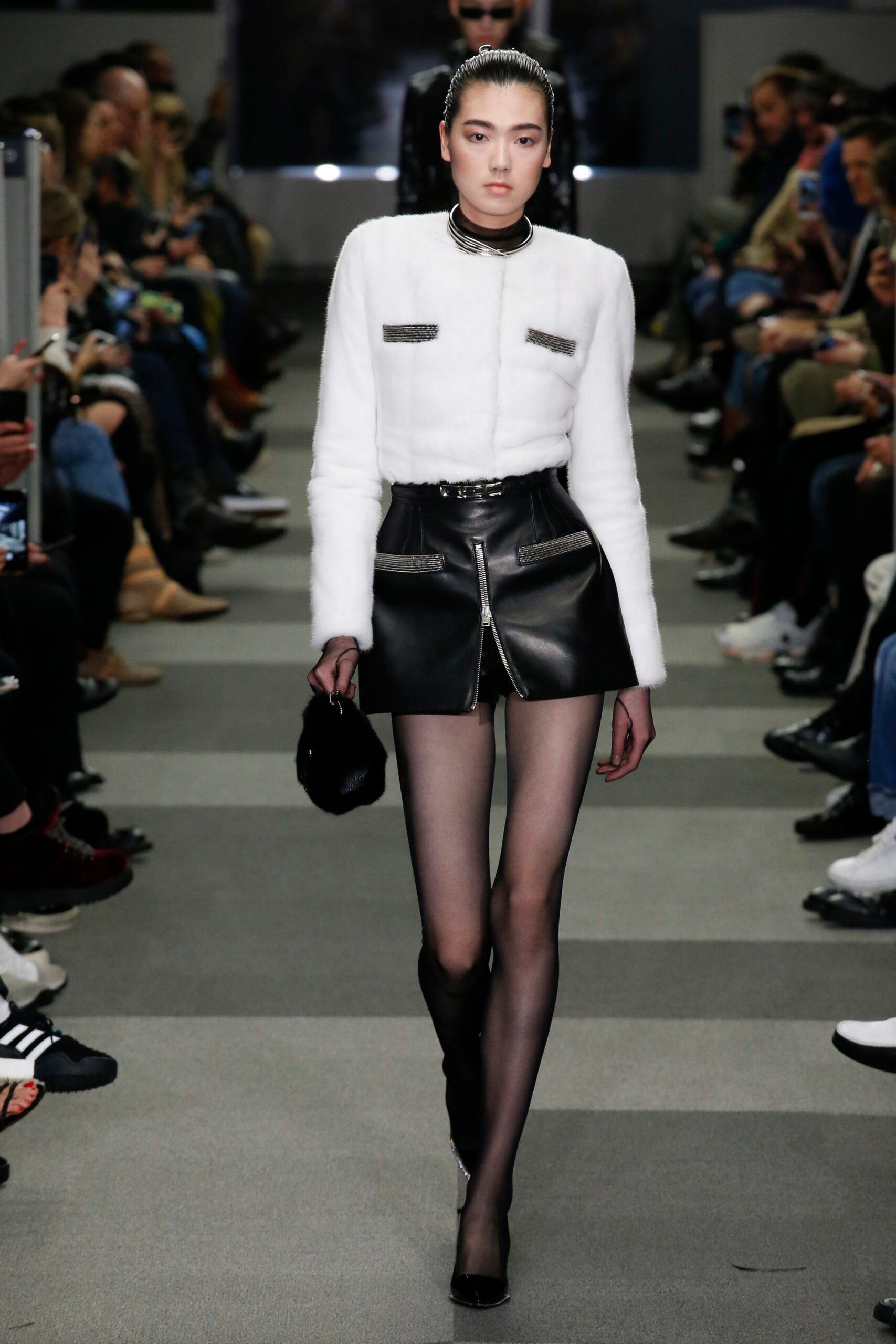 white fur long-sleeve collared fitted zippered jacket