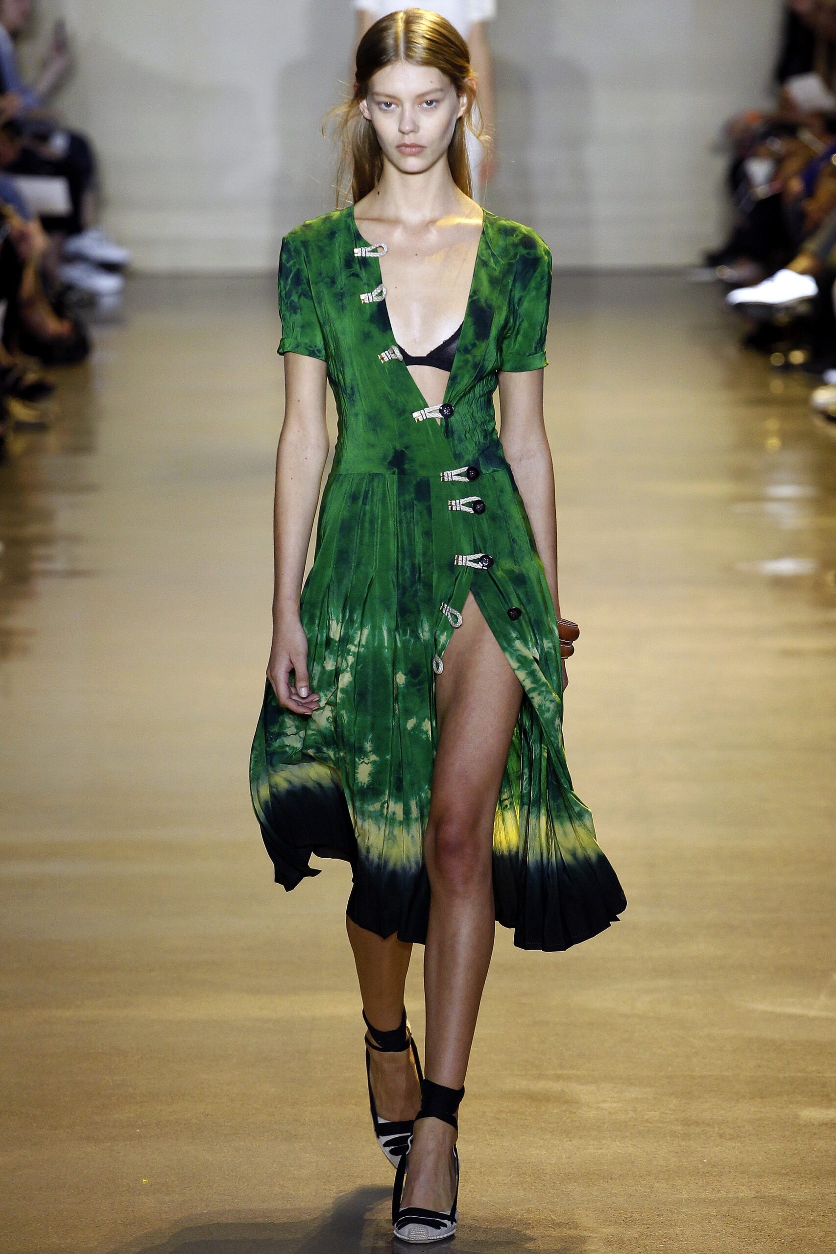 green silk midi dress