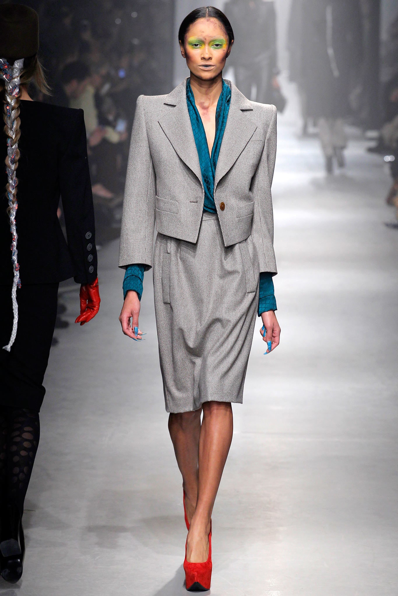 tailored gray blazer with pencil skirt