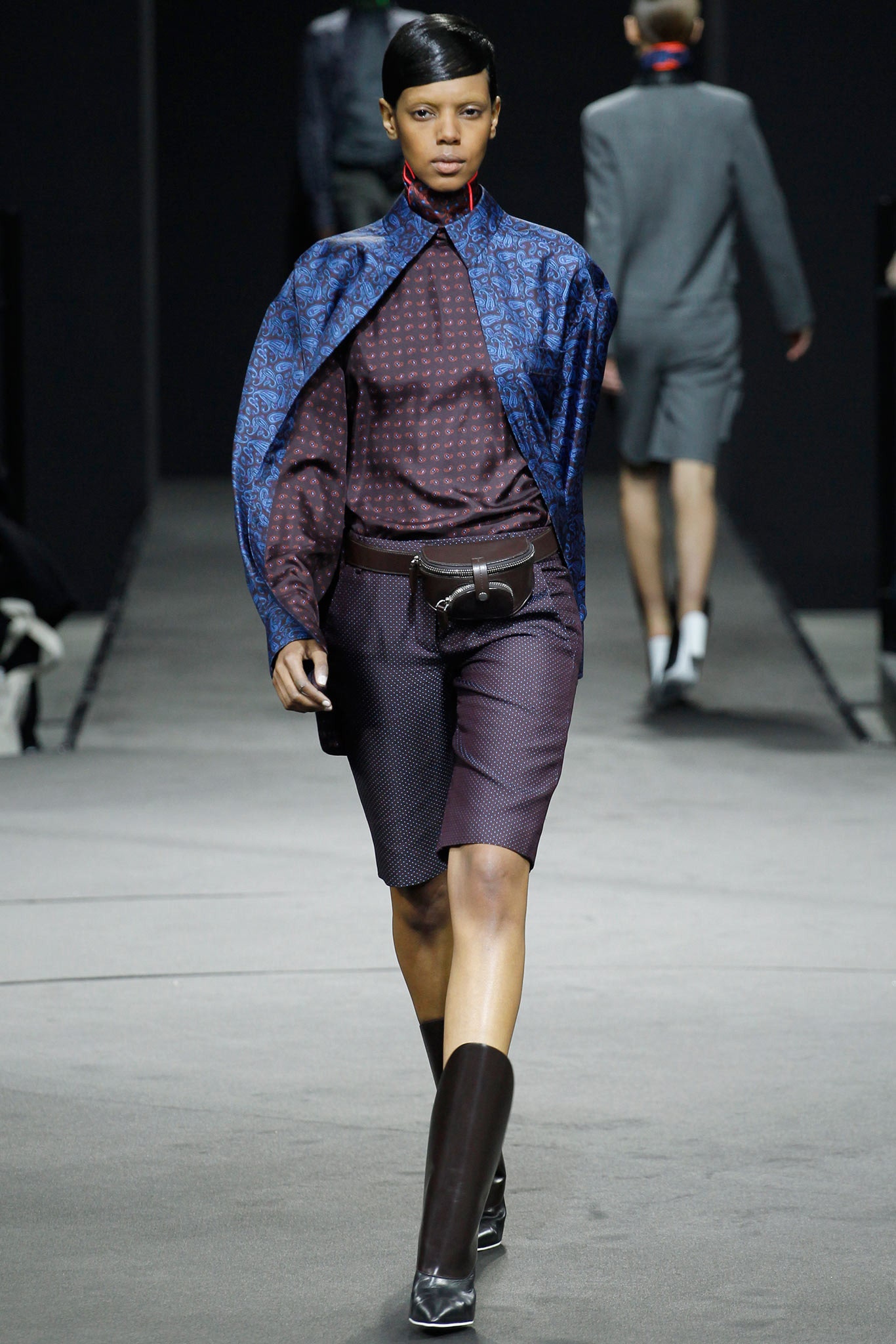 purple silk blouse with blue cape