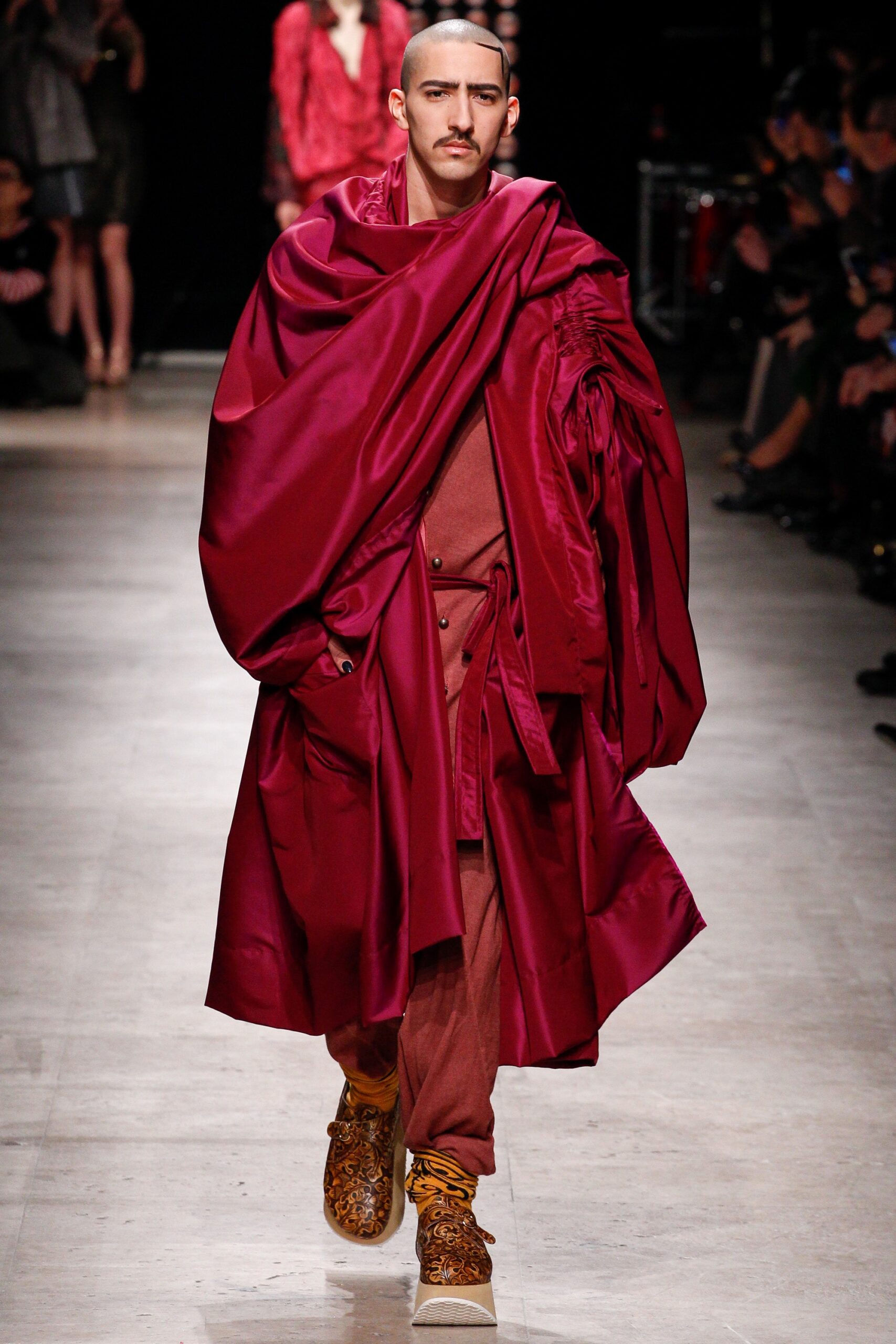 red silk long-sleeve collared relaxed draped flowing coat