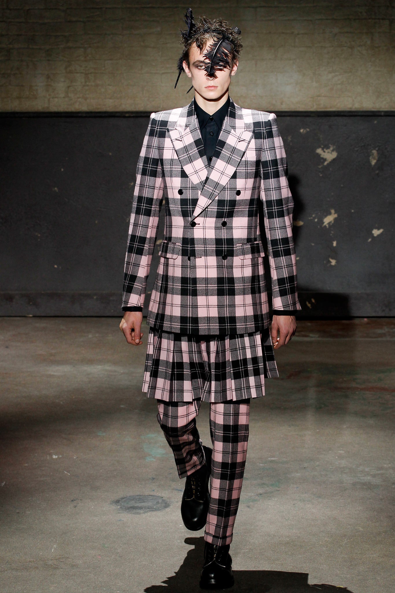 pink and black checked suit