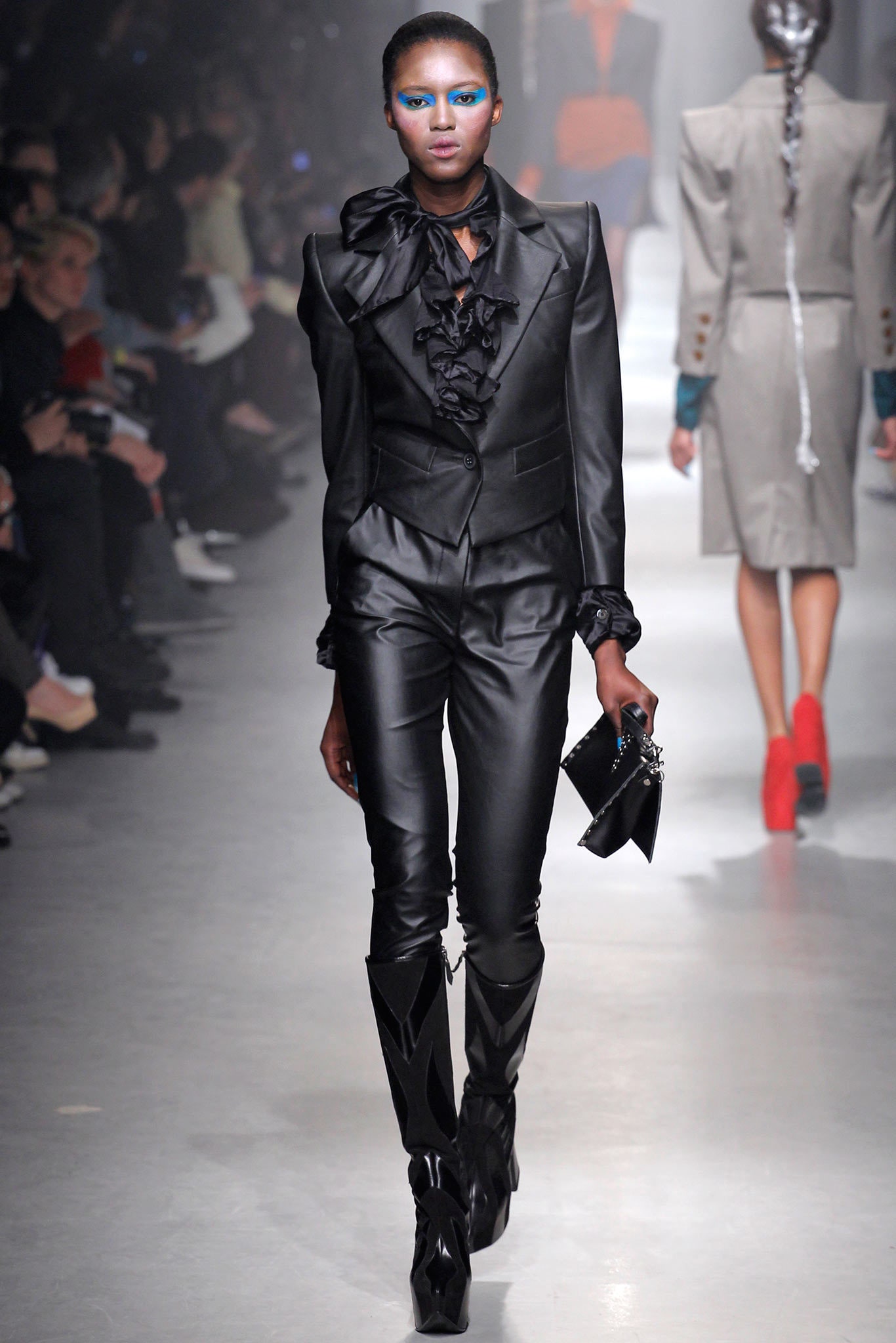 black silk long-sleeve collared fitted ruffled suit