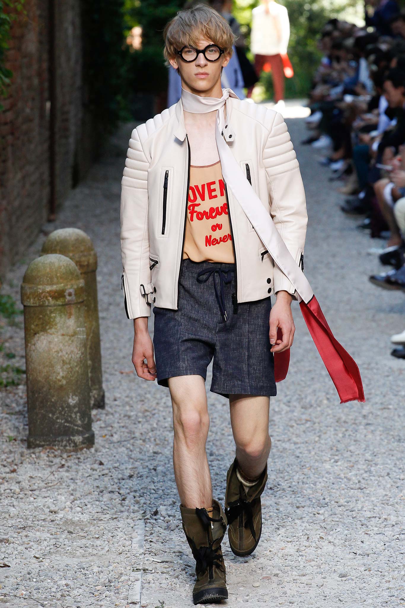 white leather fitted jacket with orange t-shirt