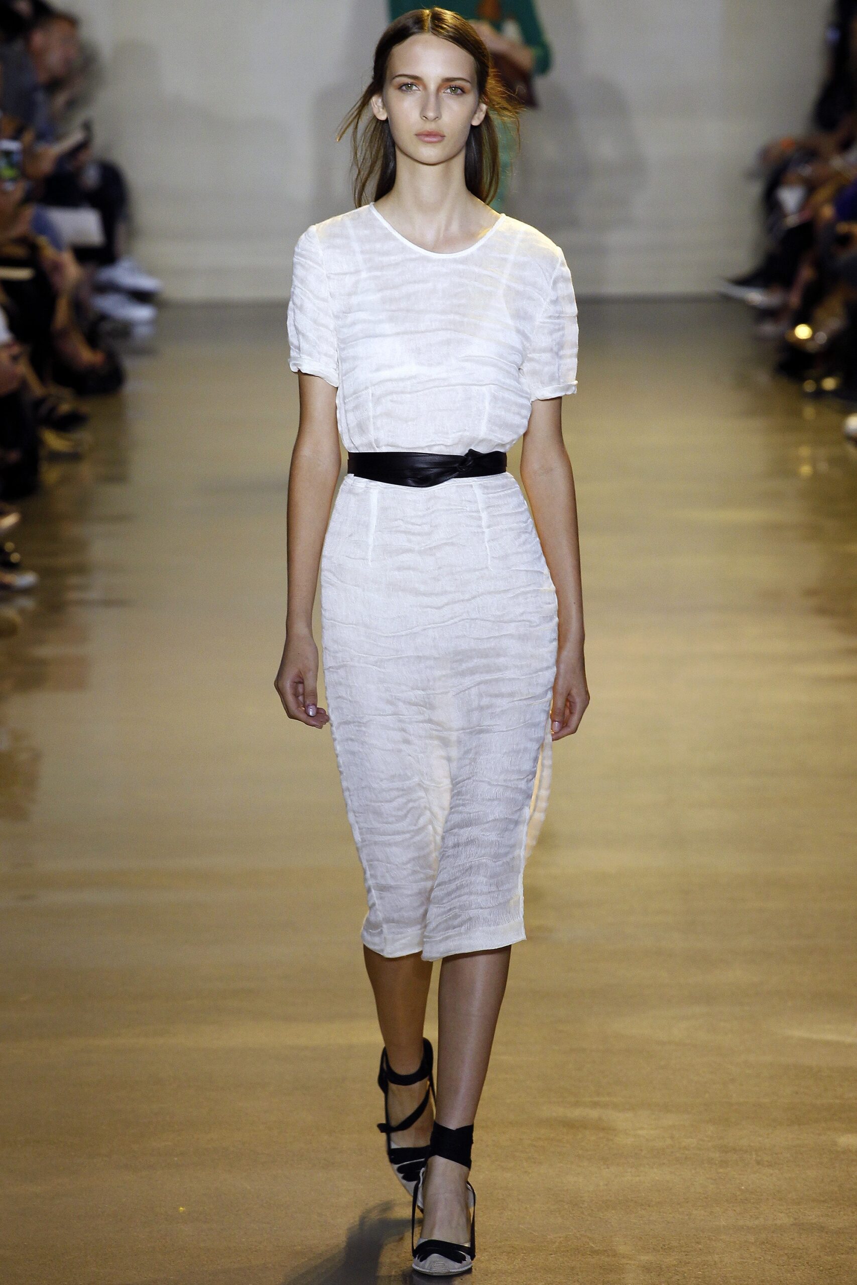 white fitted midi dress with black belt