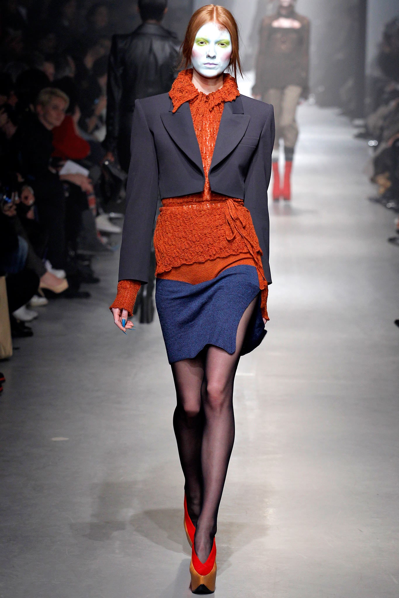 gray blazer orange knit top