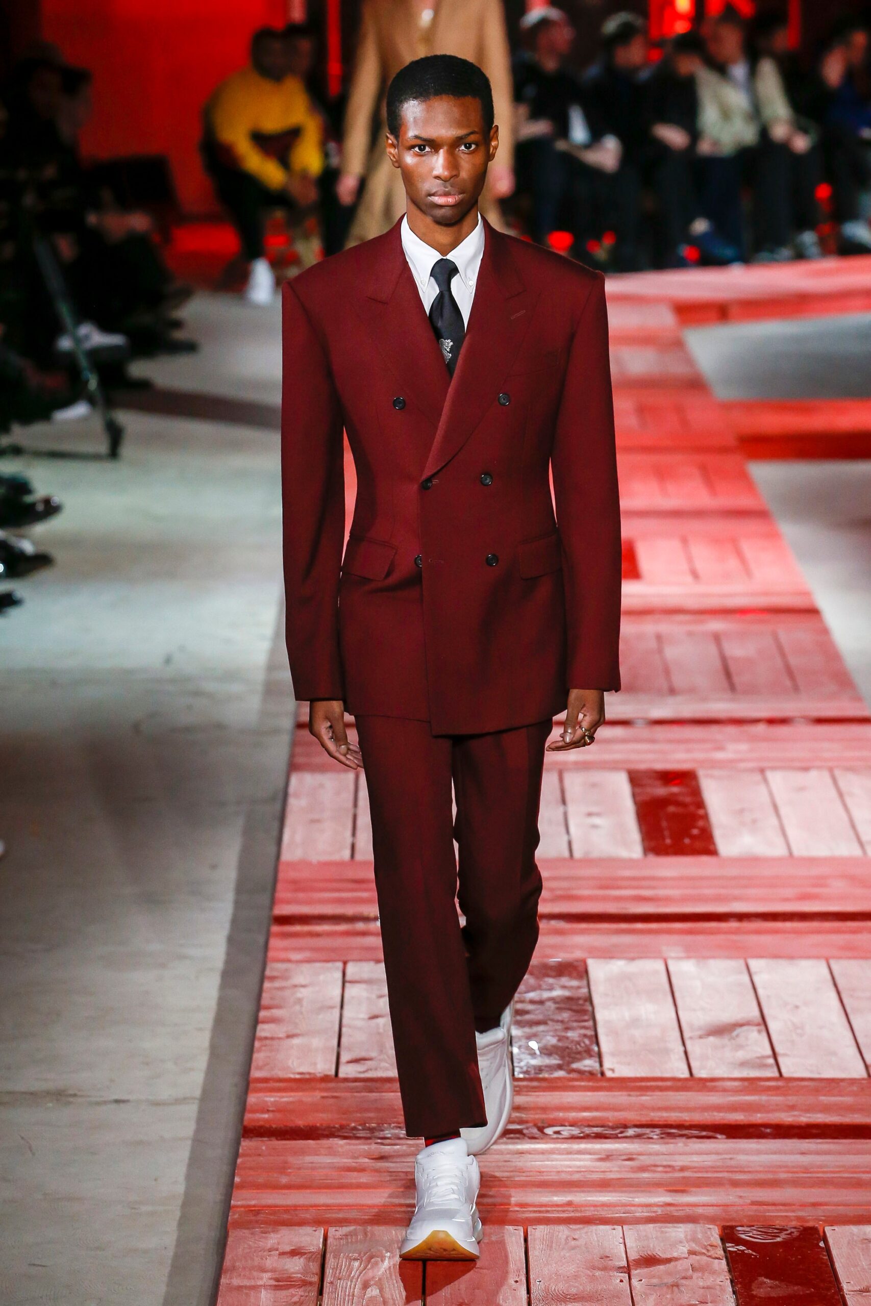 red wool long-sleeve collared tailored suit