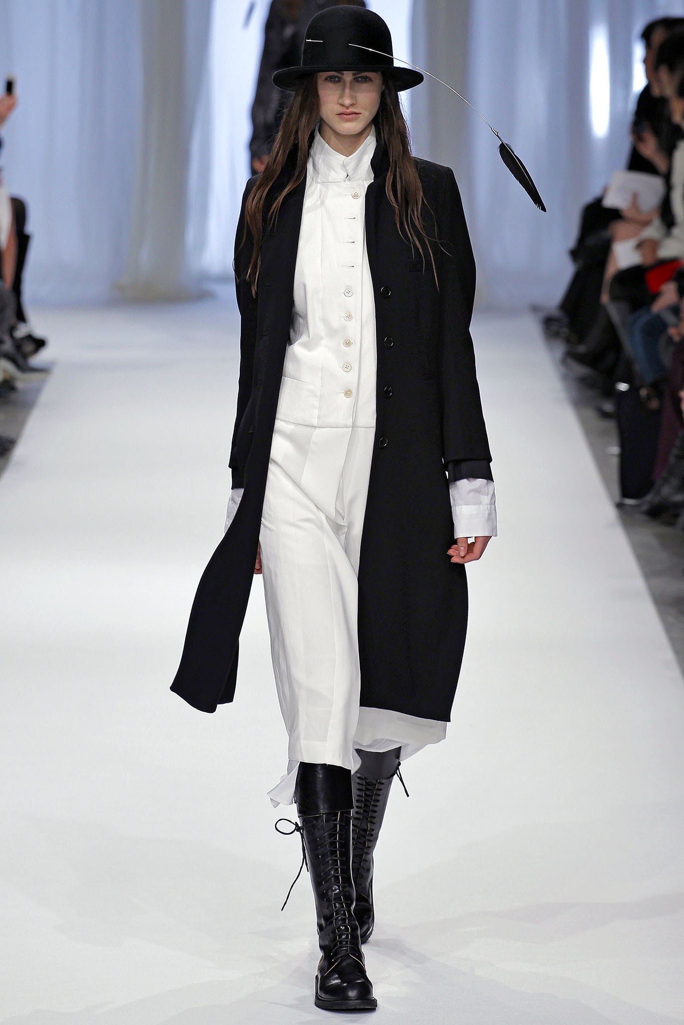 black coat white shirt relaxed pants