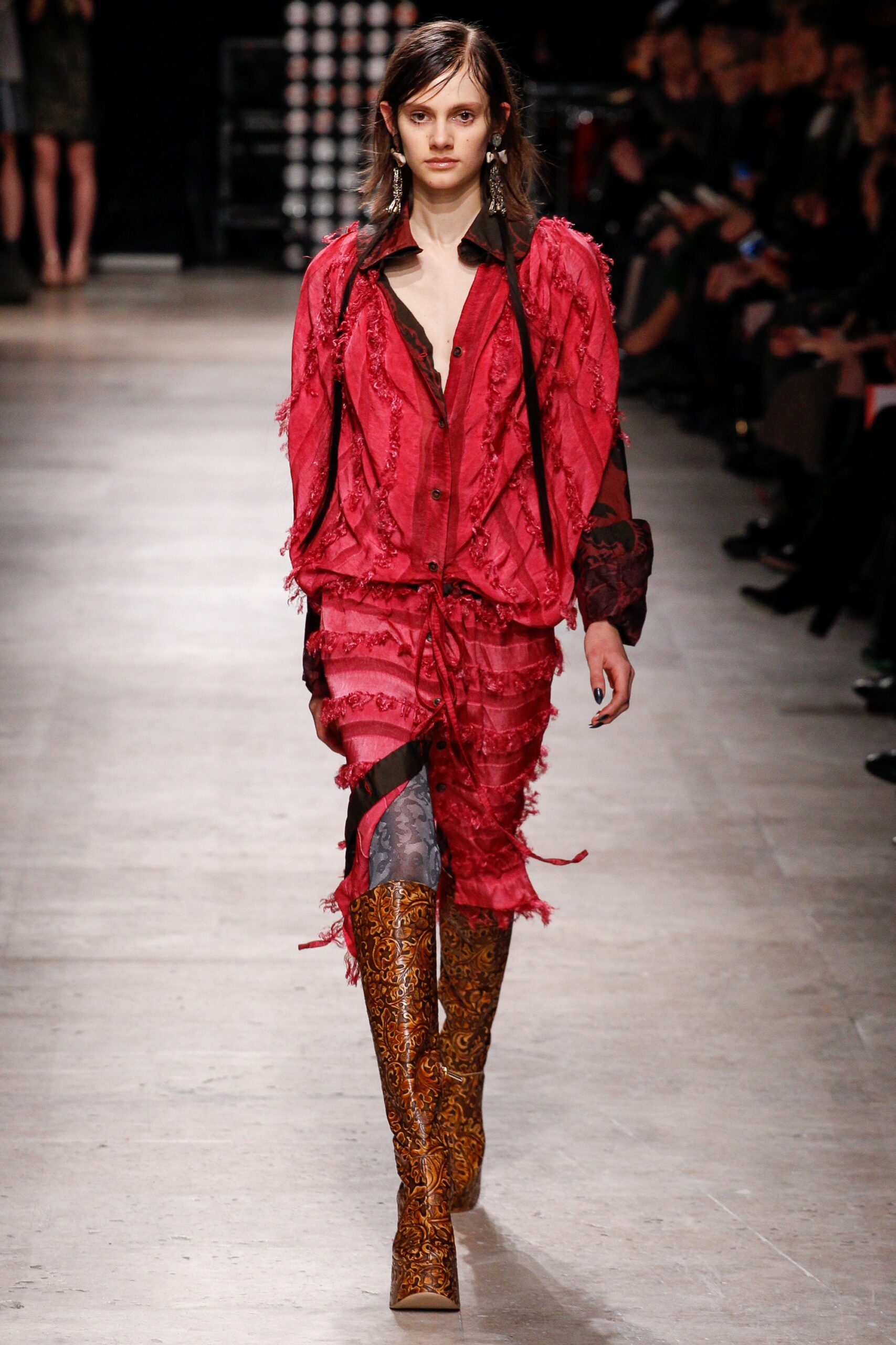 red silk long-sleeve collared fitted ruffled layered dress