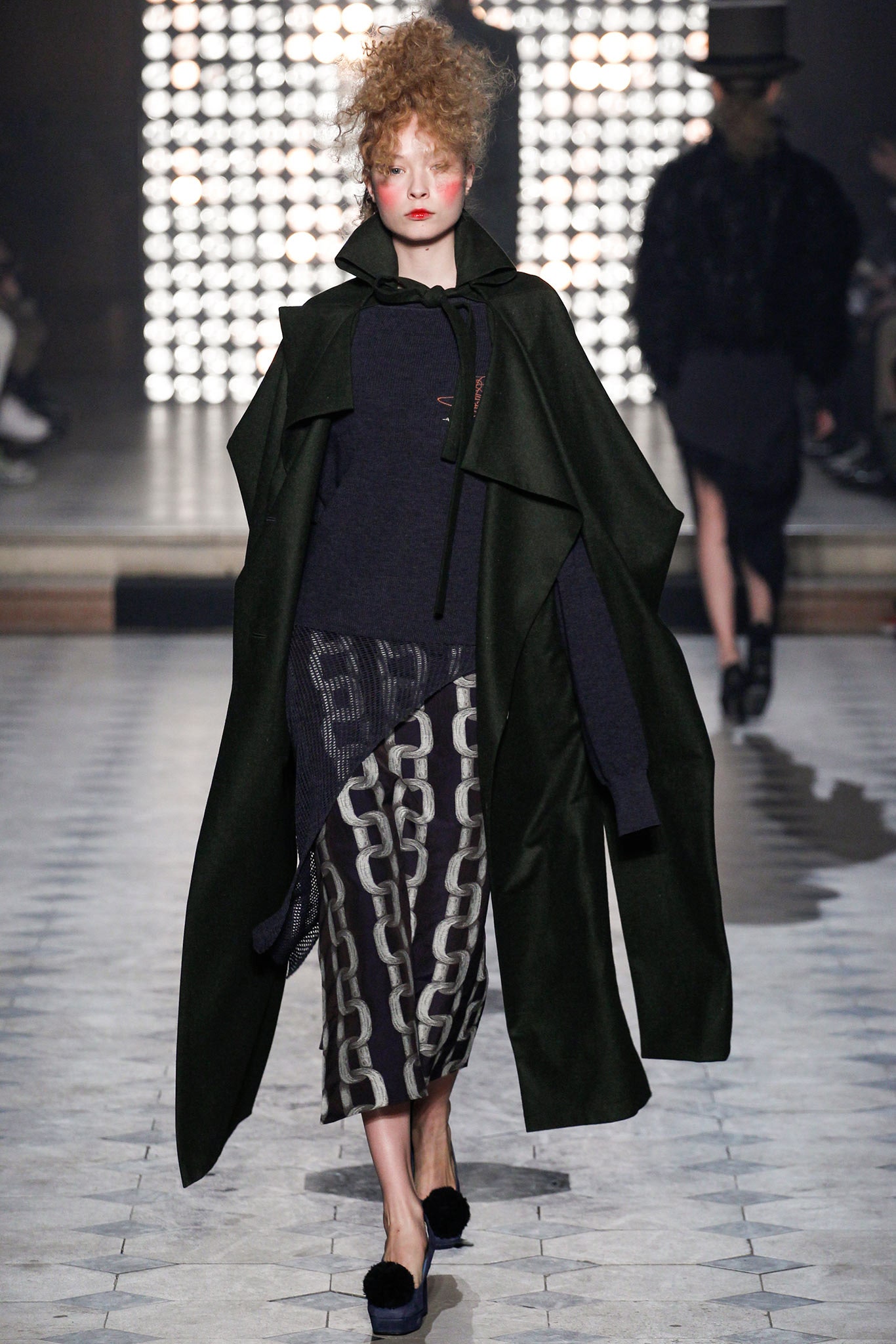 green wool cape black top pencil skirt