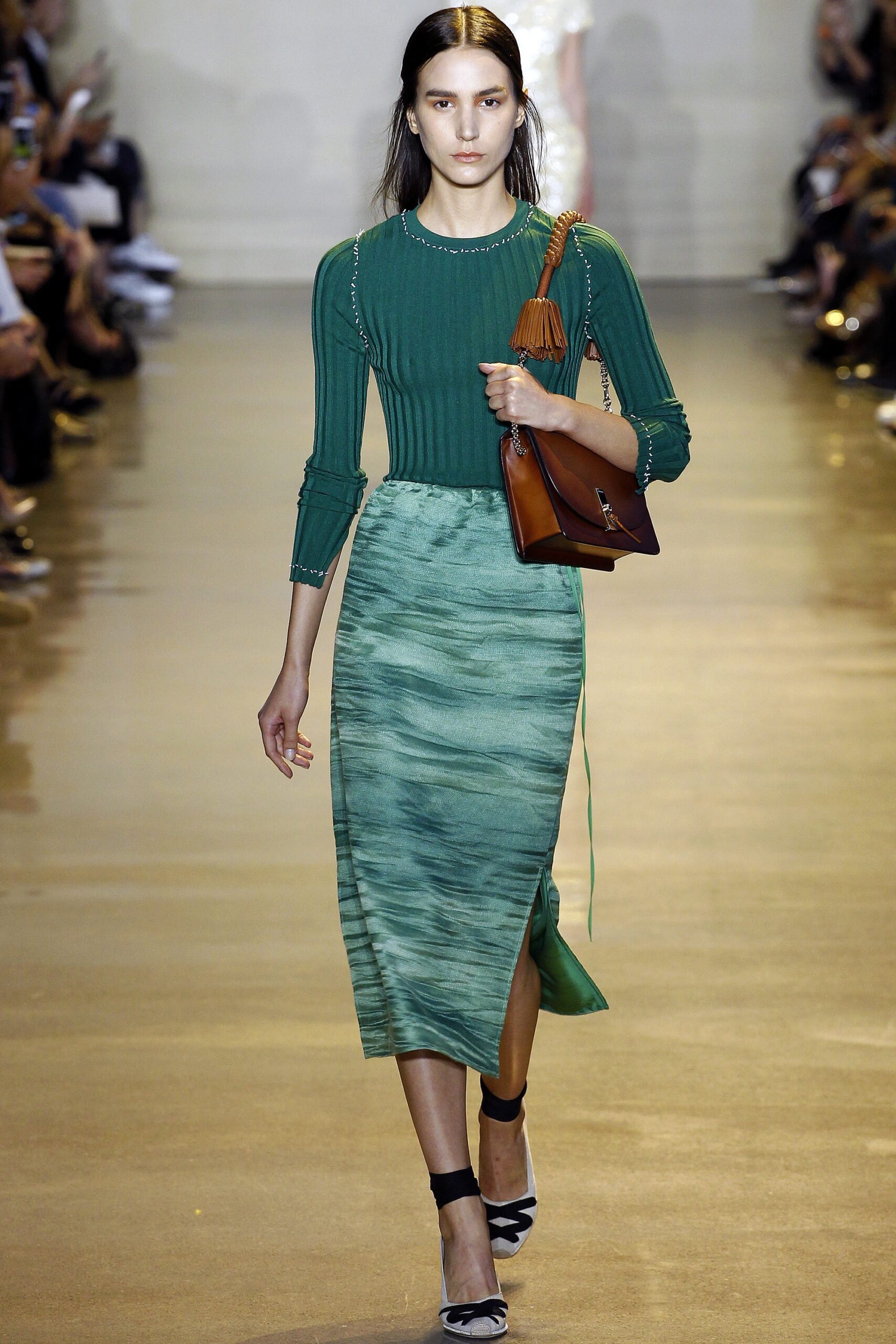green silk slit fitted pencil flowing midi skirt