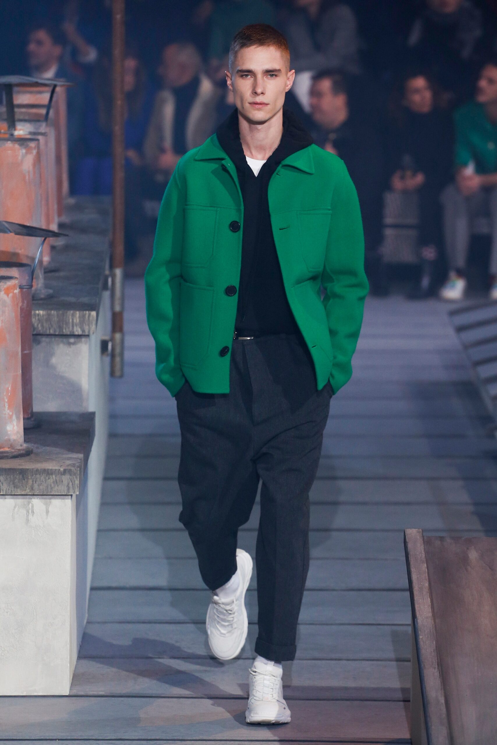 green relaxed jacket with black shirt