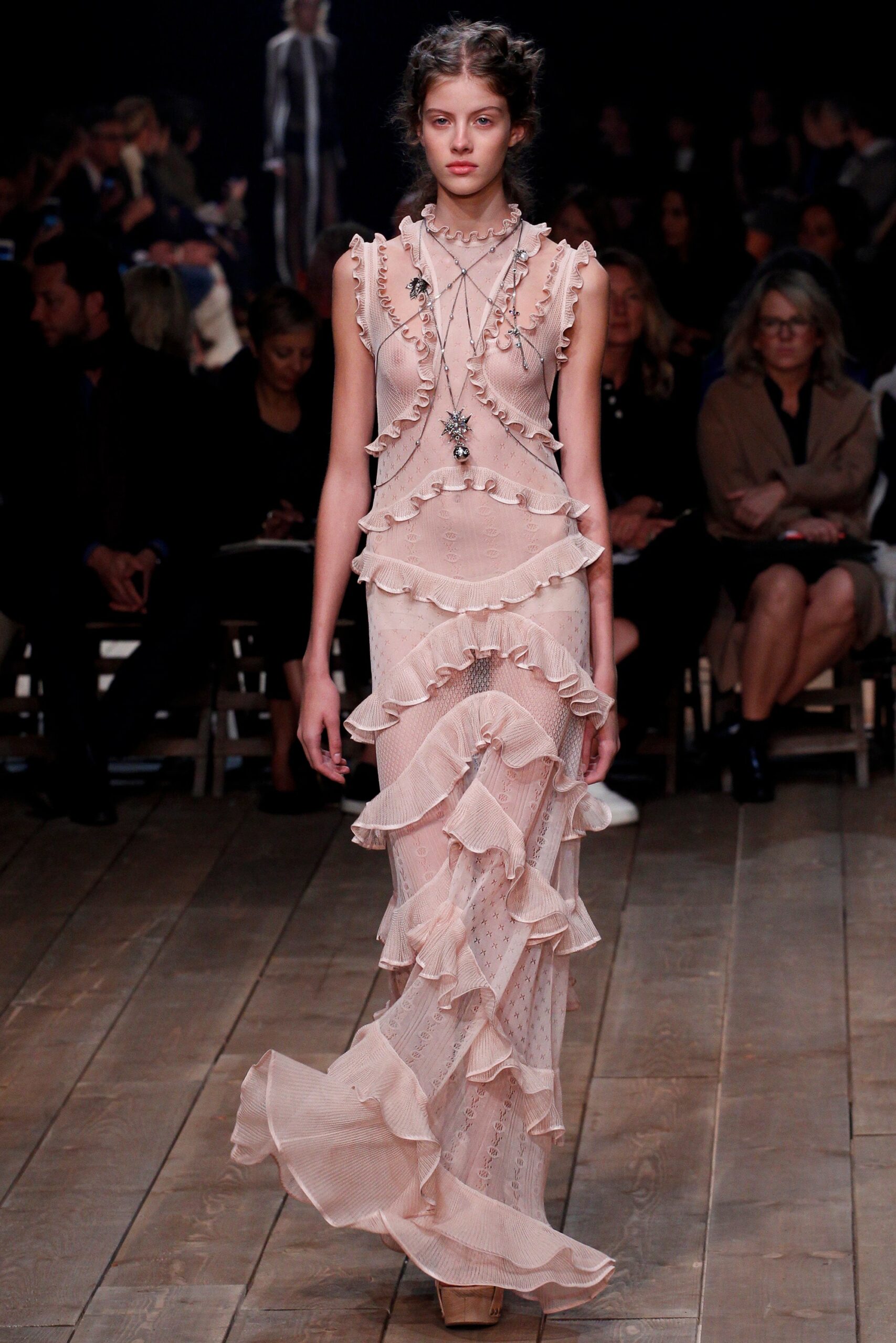 pink silk ruffled gown