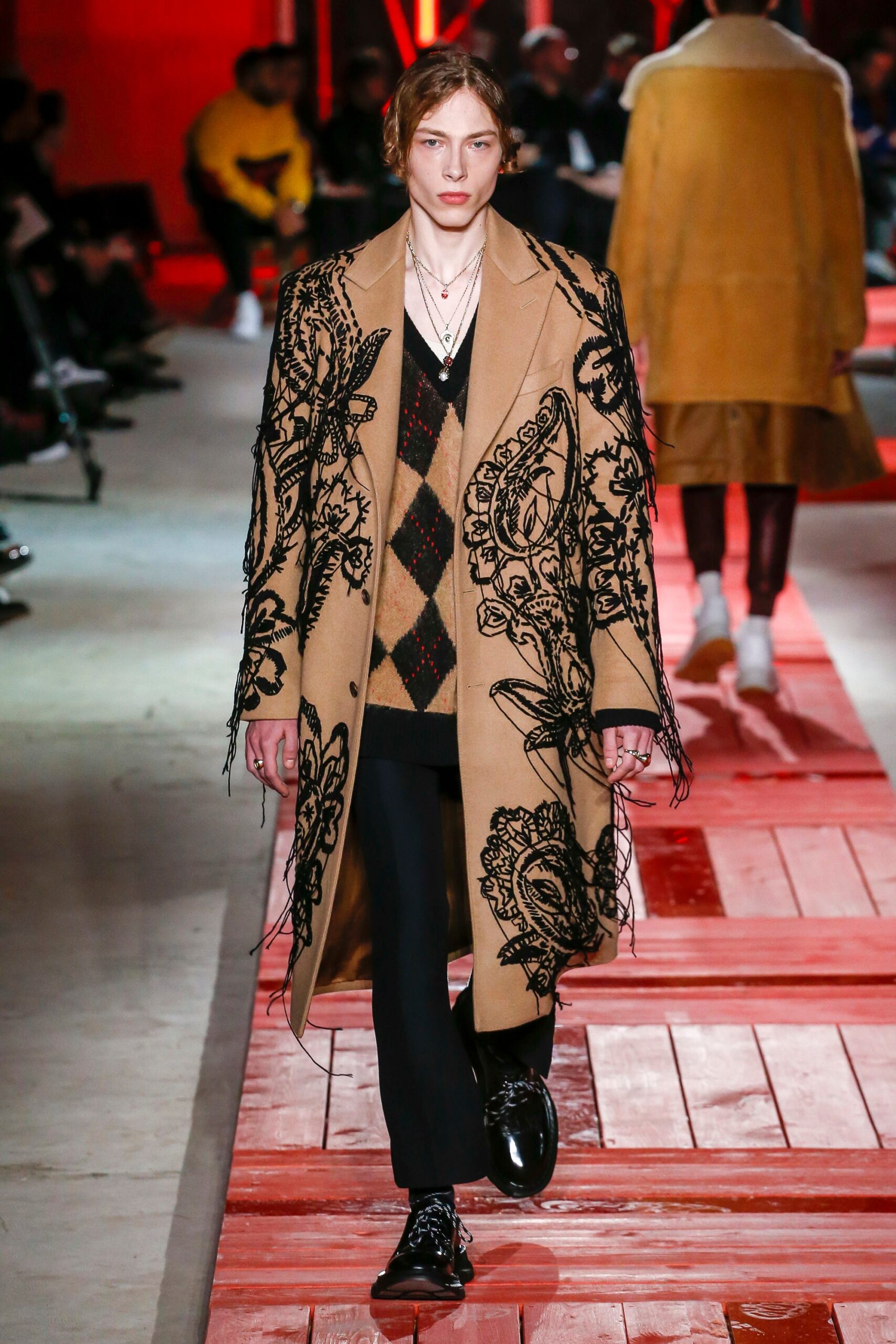 beige wool long-sleeve collared relaxed embroidered fringed coat
