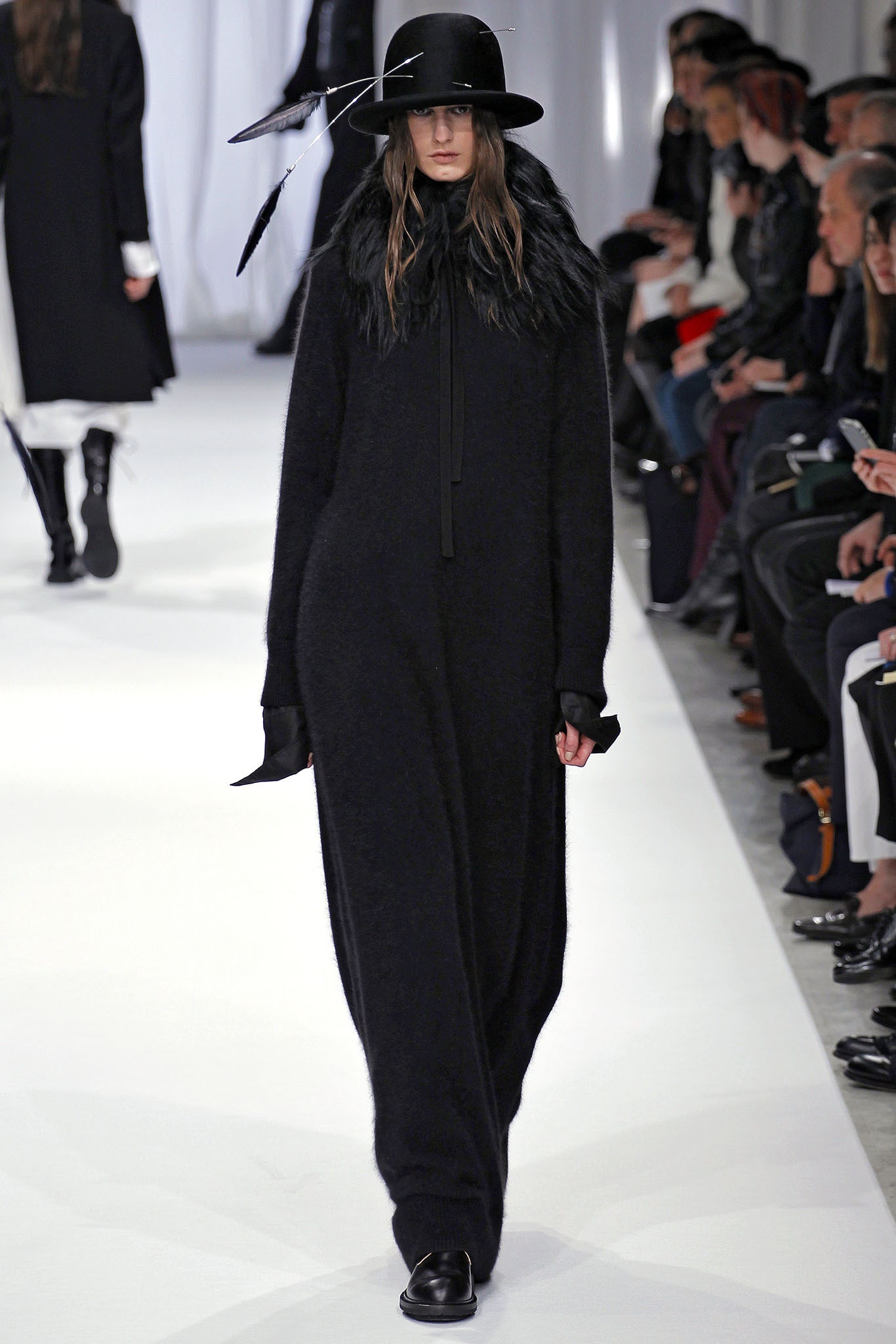 black relaxed wool maxi dress and hat