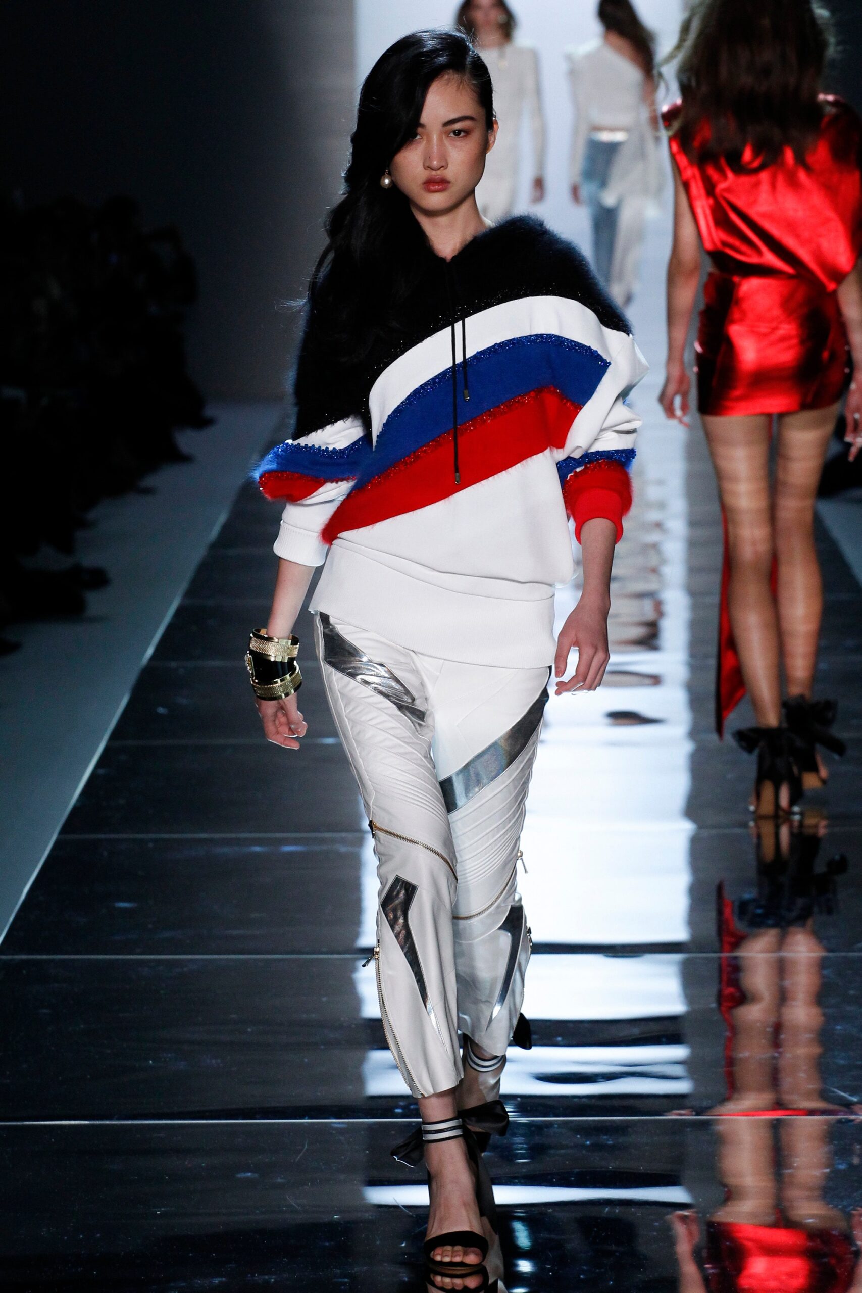 color-blocked hoodie with shiny pants