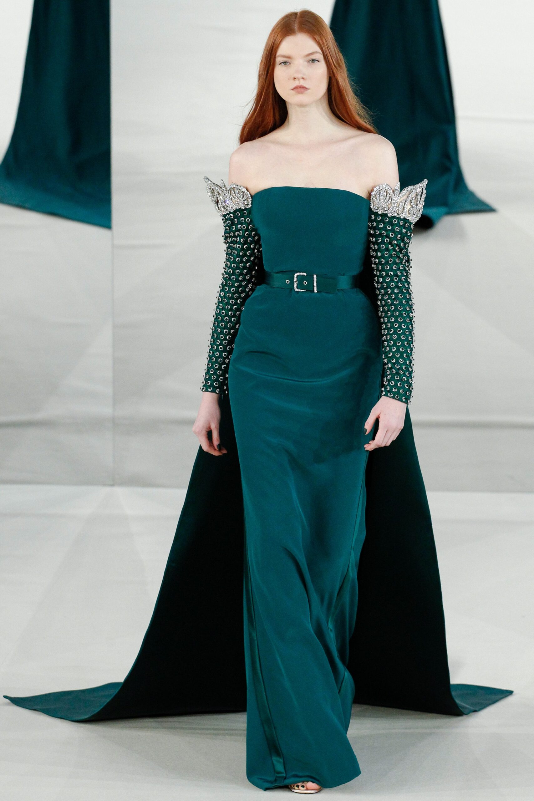 teal silk off-shoulder gown