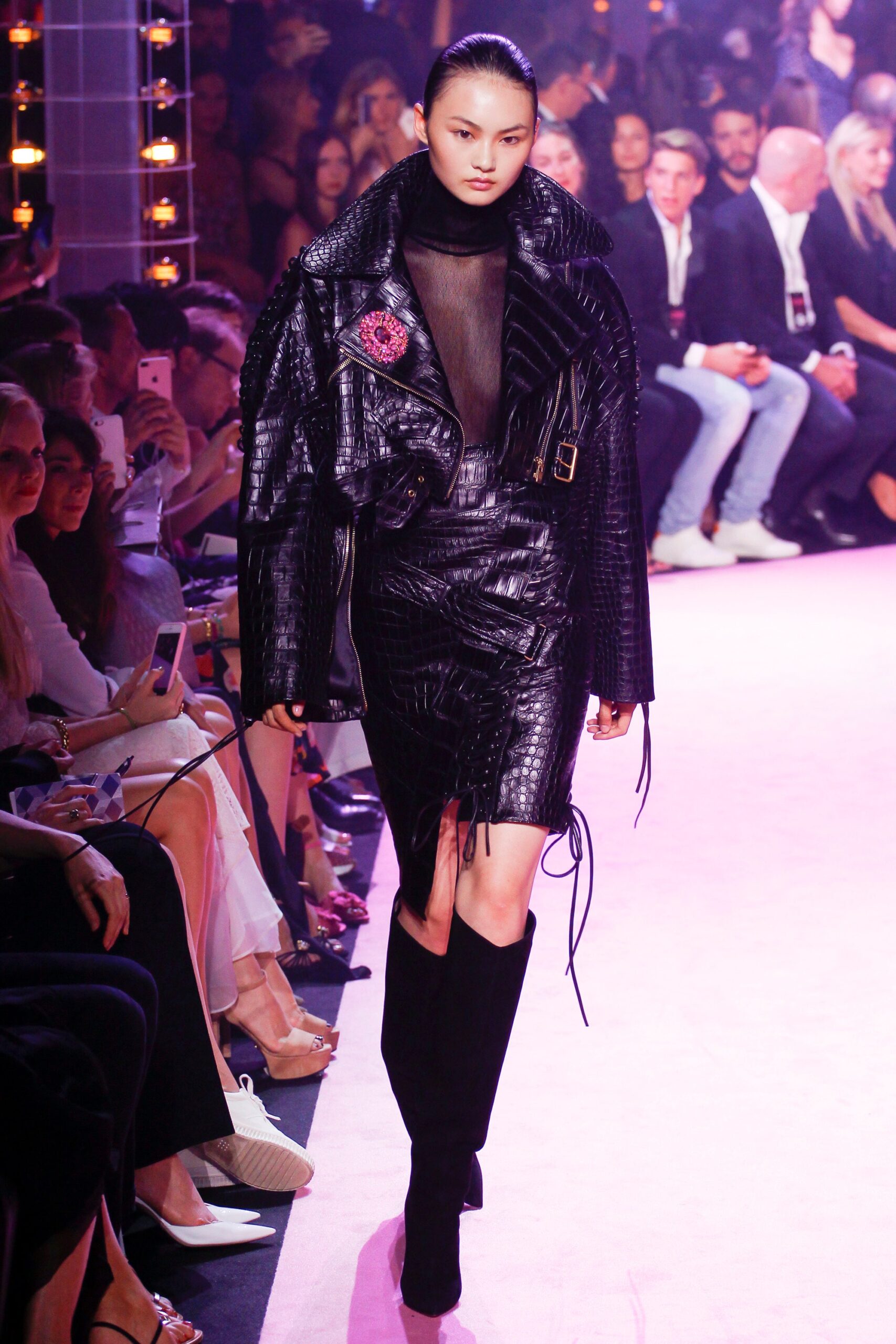 black leather mini dress and oversized jacket