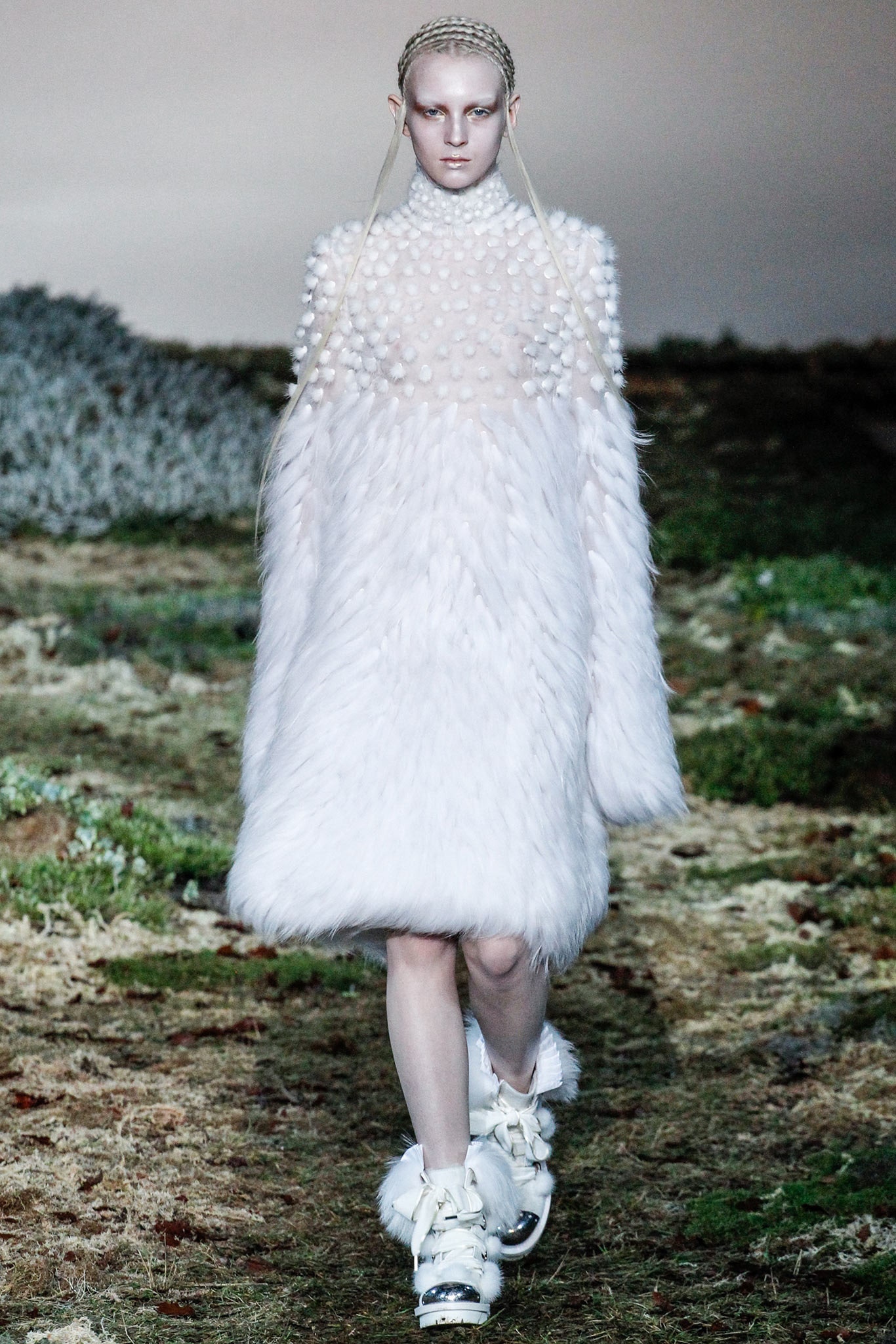 white fur long-sleeve high-neck fitted layered textured dress