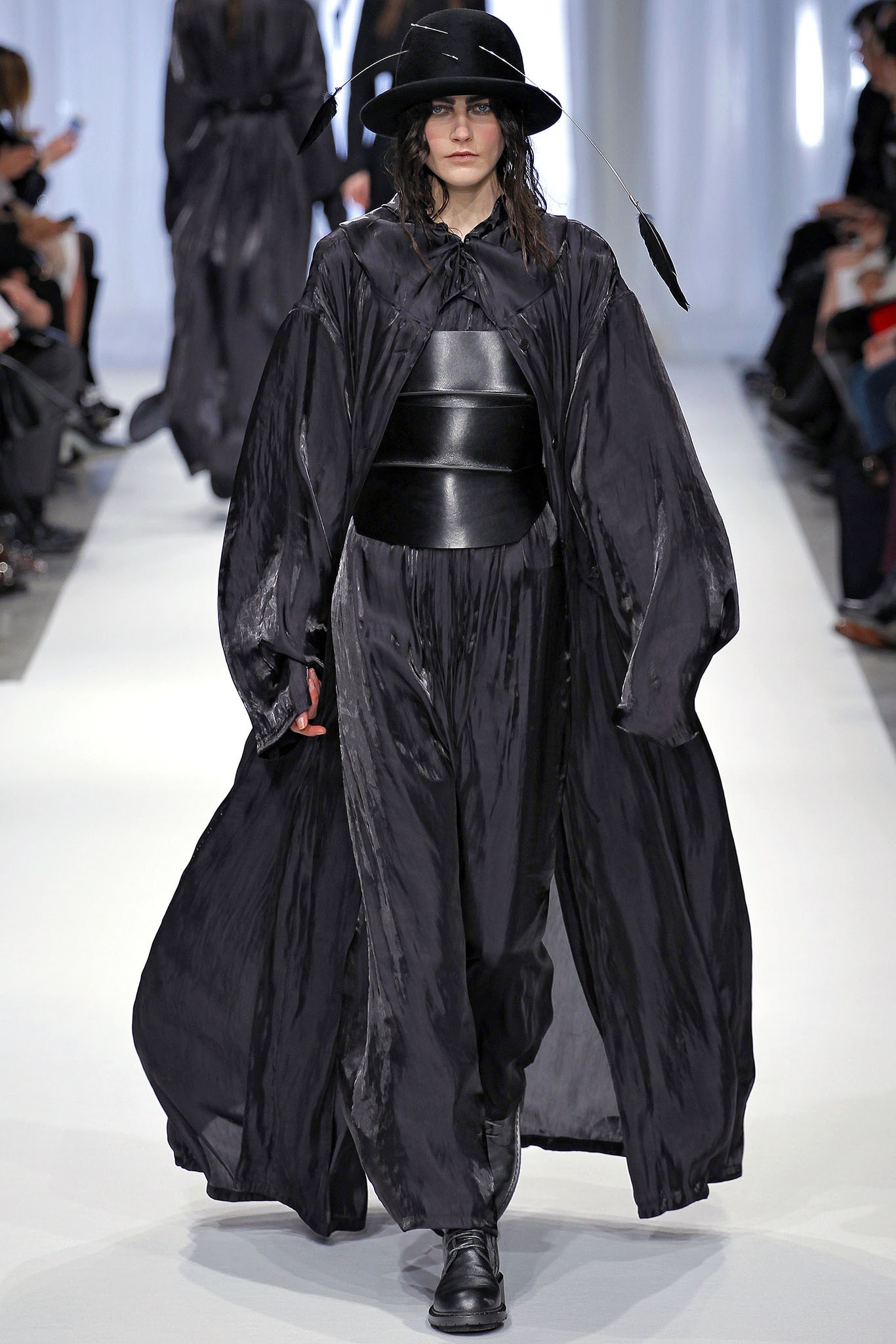 black silk relaxed coat with wide-leg pants
