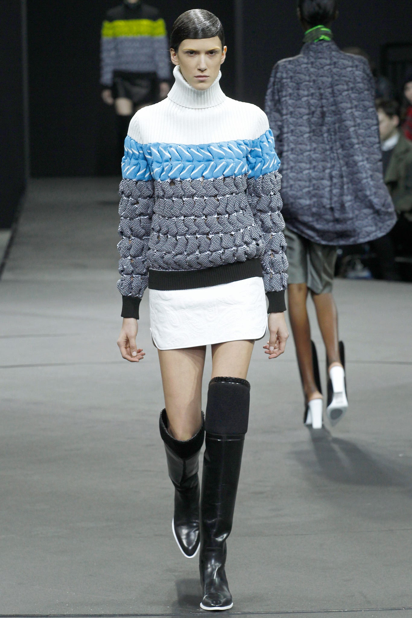 blue wool long-sleeve turtleneck fitted textured sweater