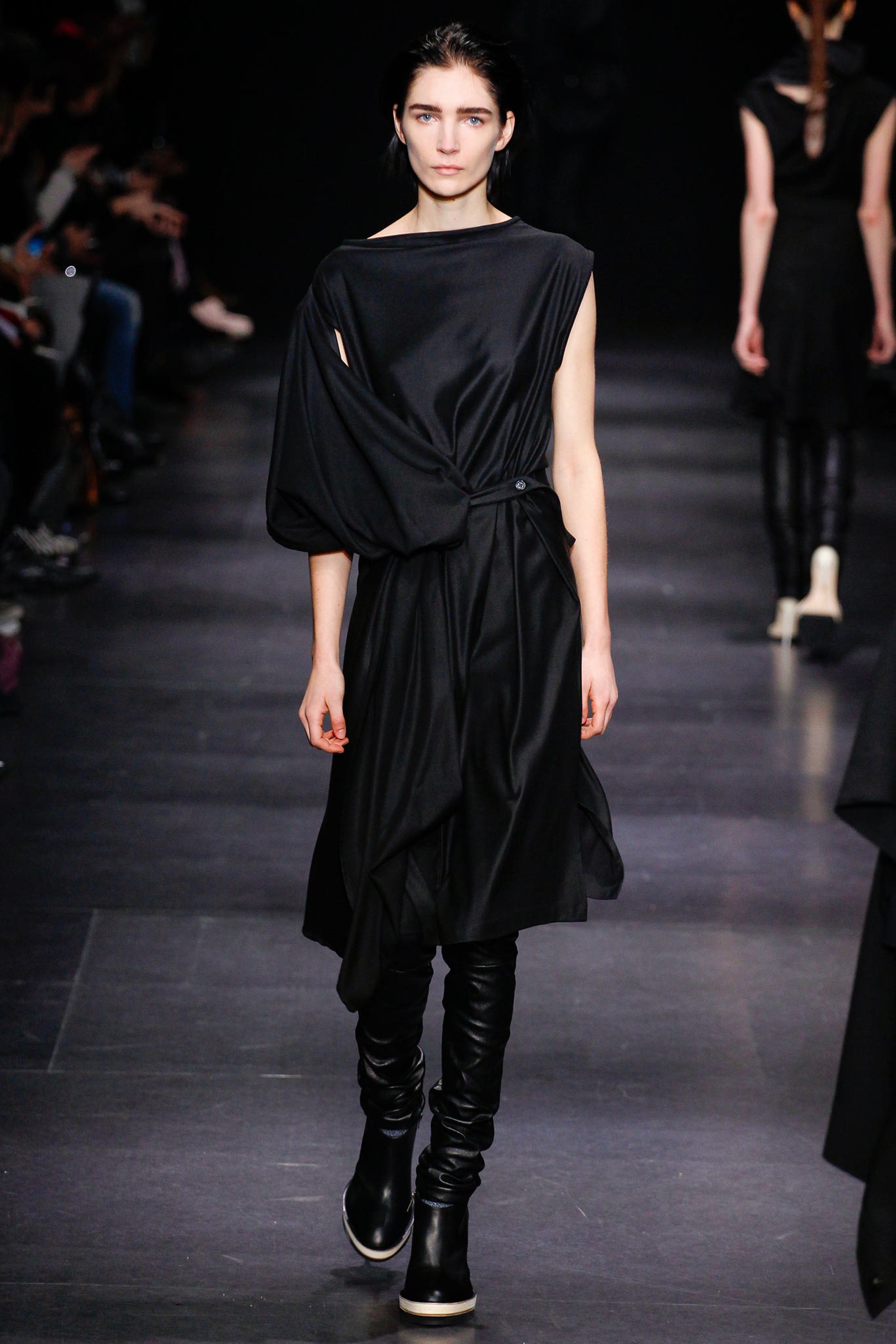 black silk asymmetric dress and boots