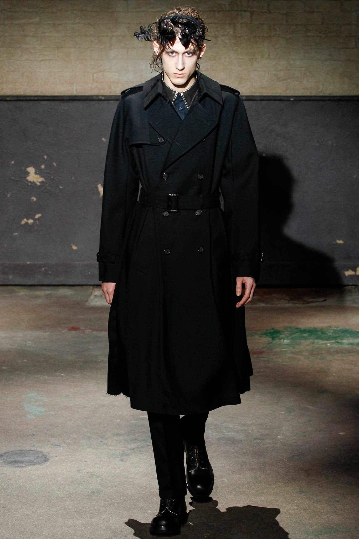 black wool long-sleeve collared tailored belted trench