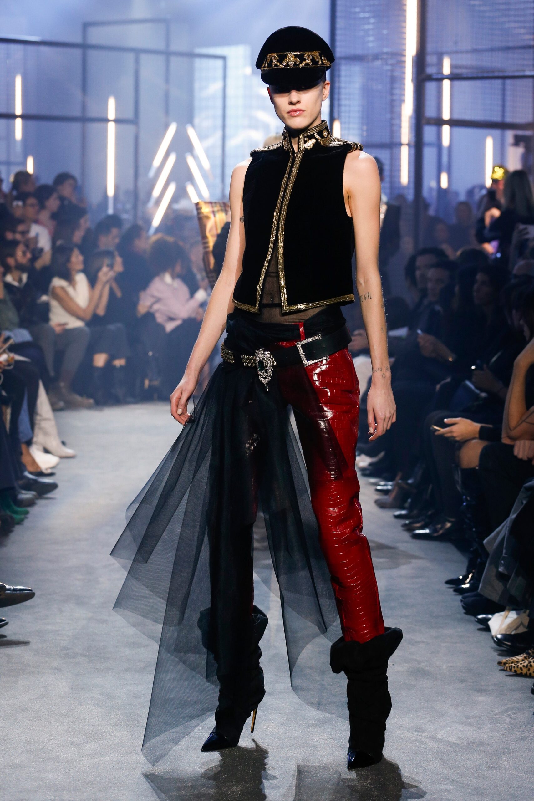 red leather slim zippered shiny pants