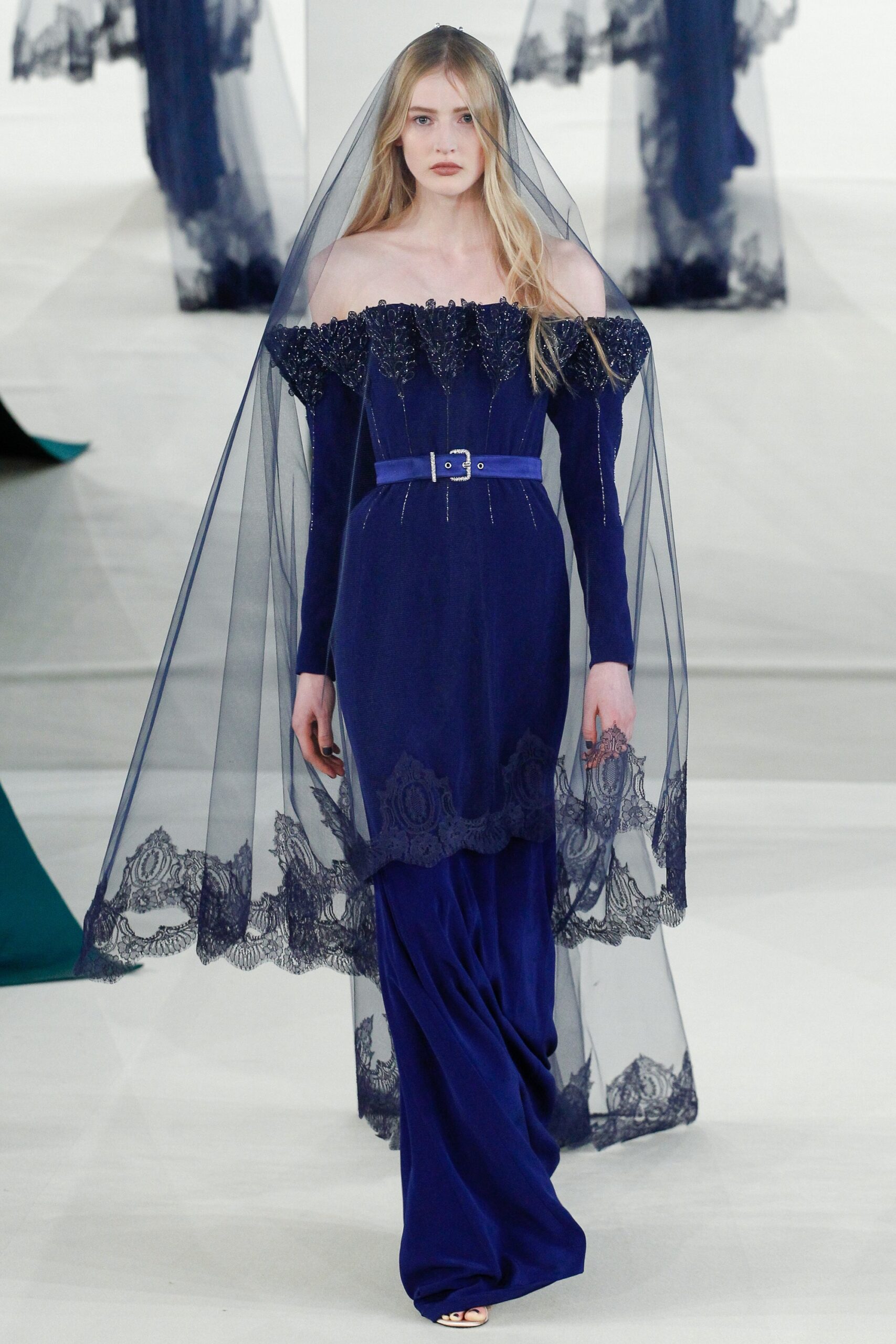 blue velvet gown with tulle cape