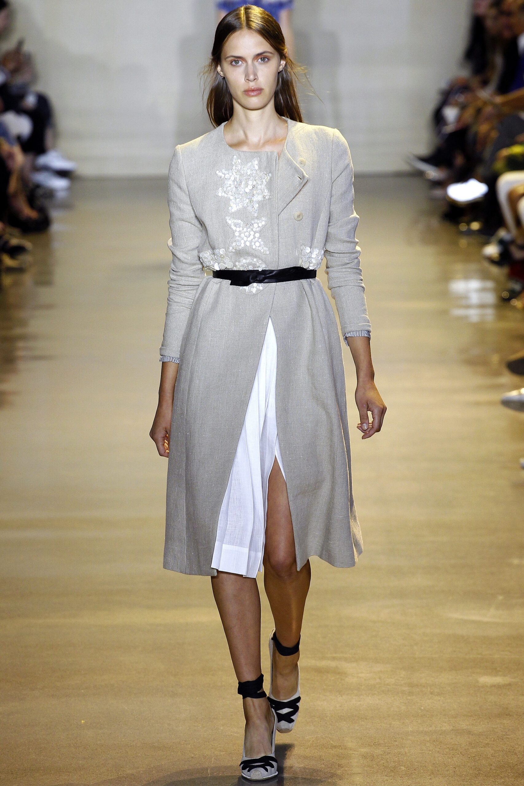 beige linen long-sleeve collared fitted embroidered belted coat
