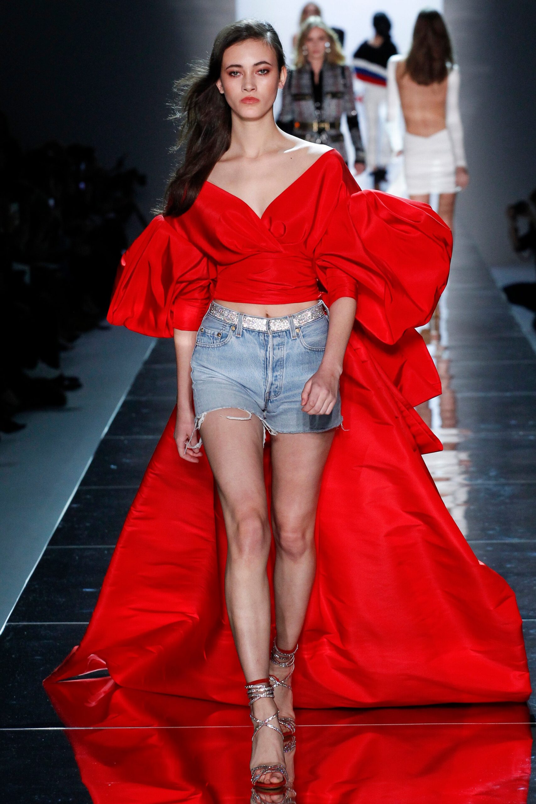 red silk midi dress with denim shorts