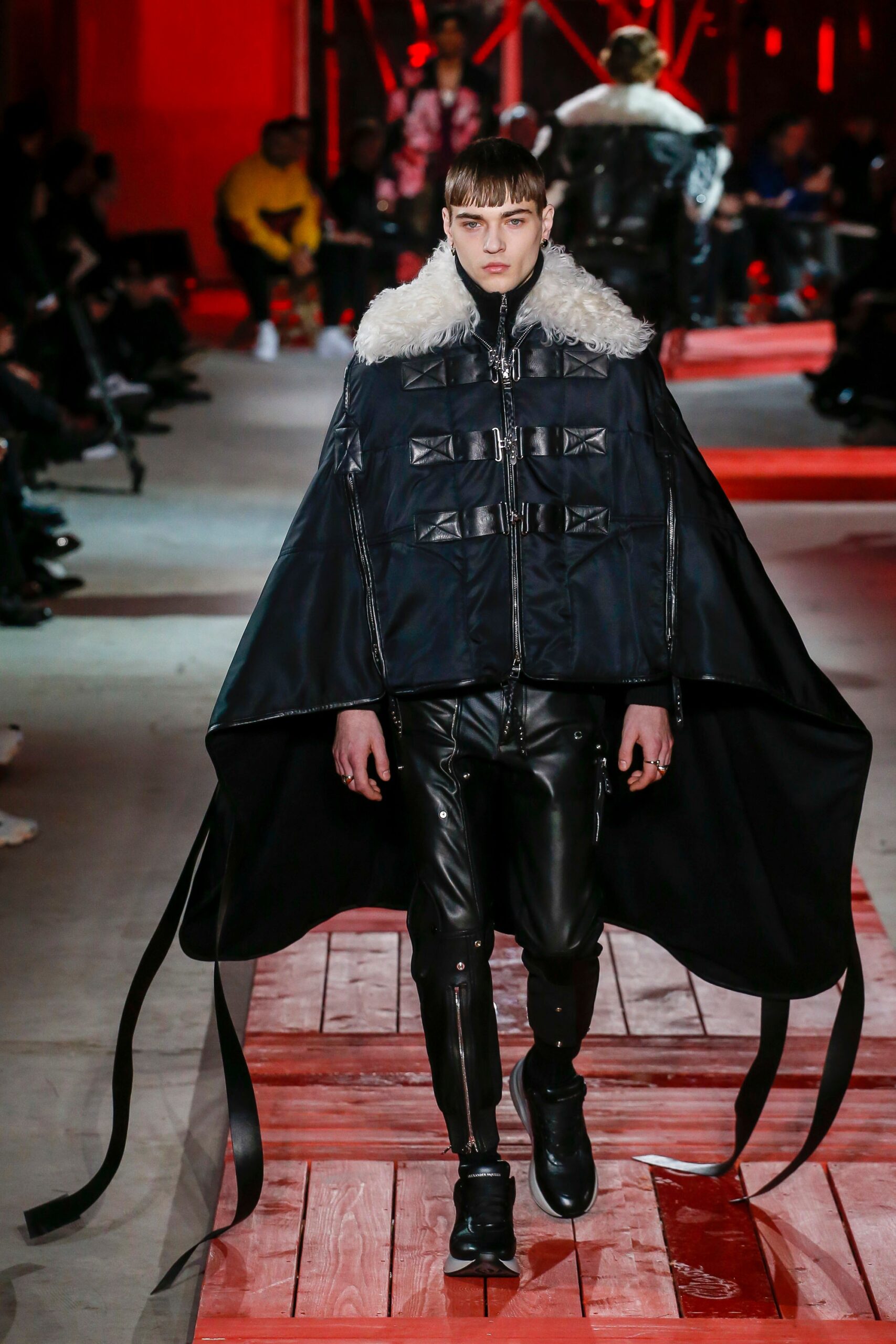 black leather long-sleeve collared structured zippered cape