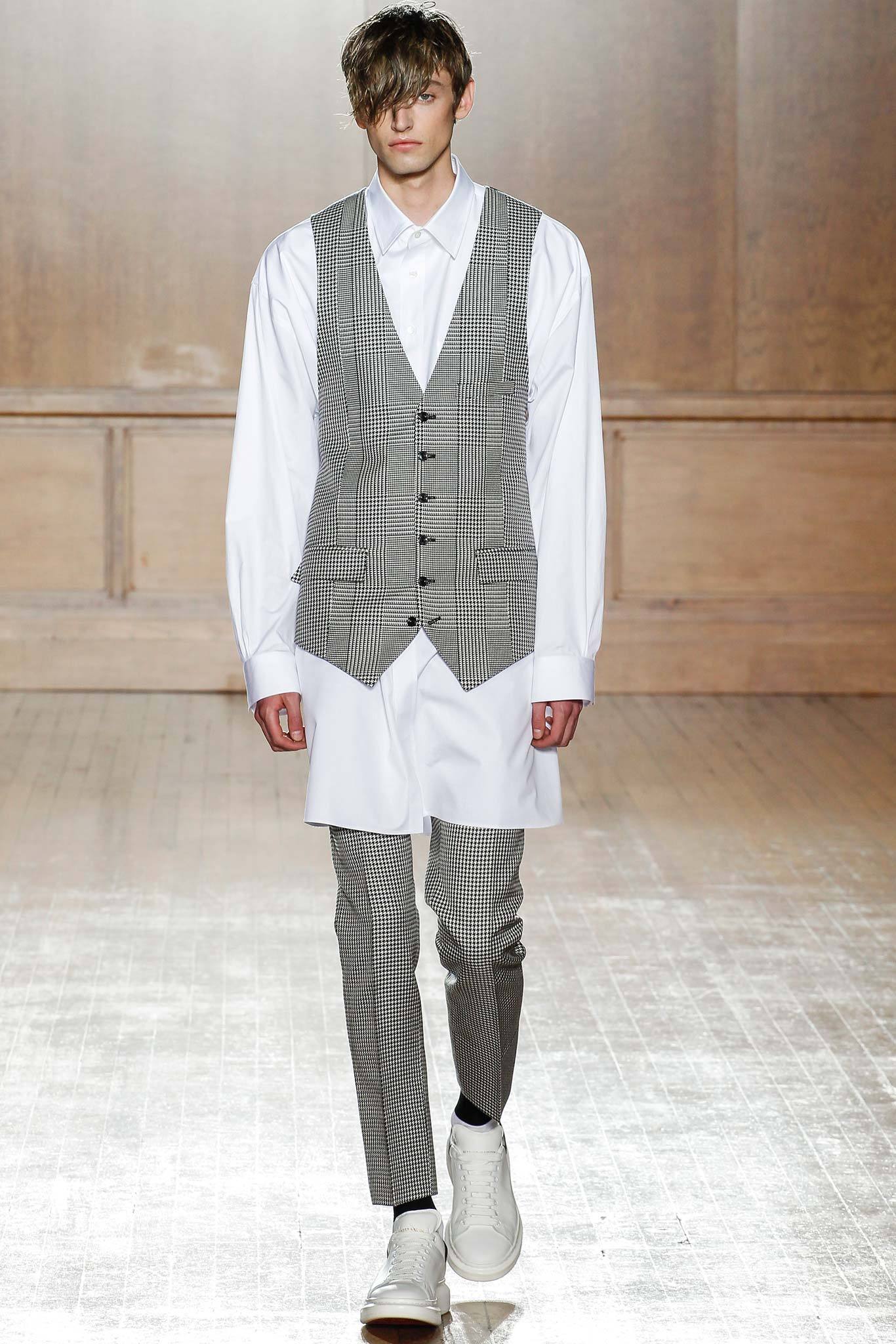 gray checked vest with white shirt