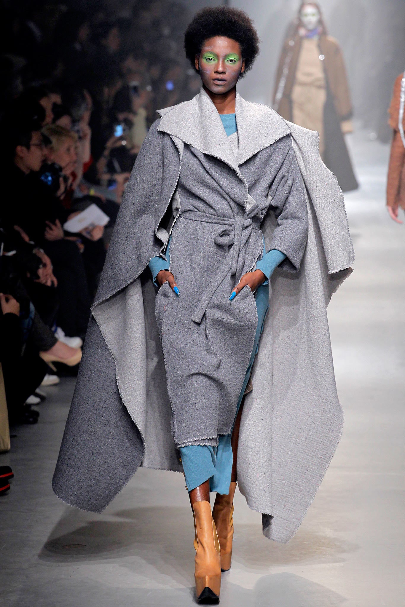 gray wool coat with blue top