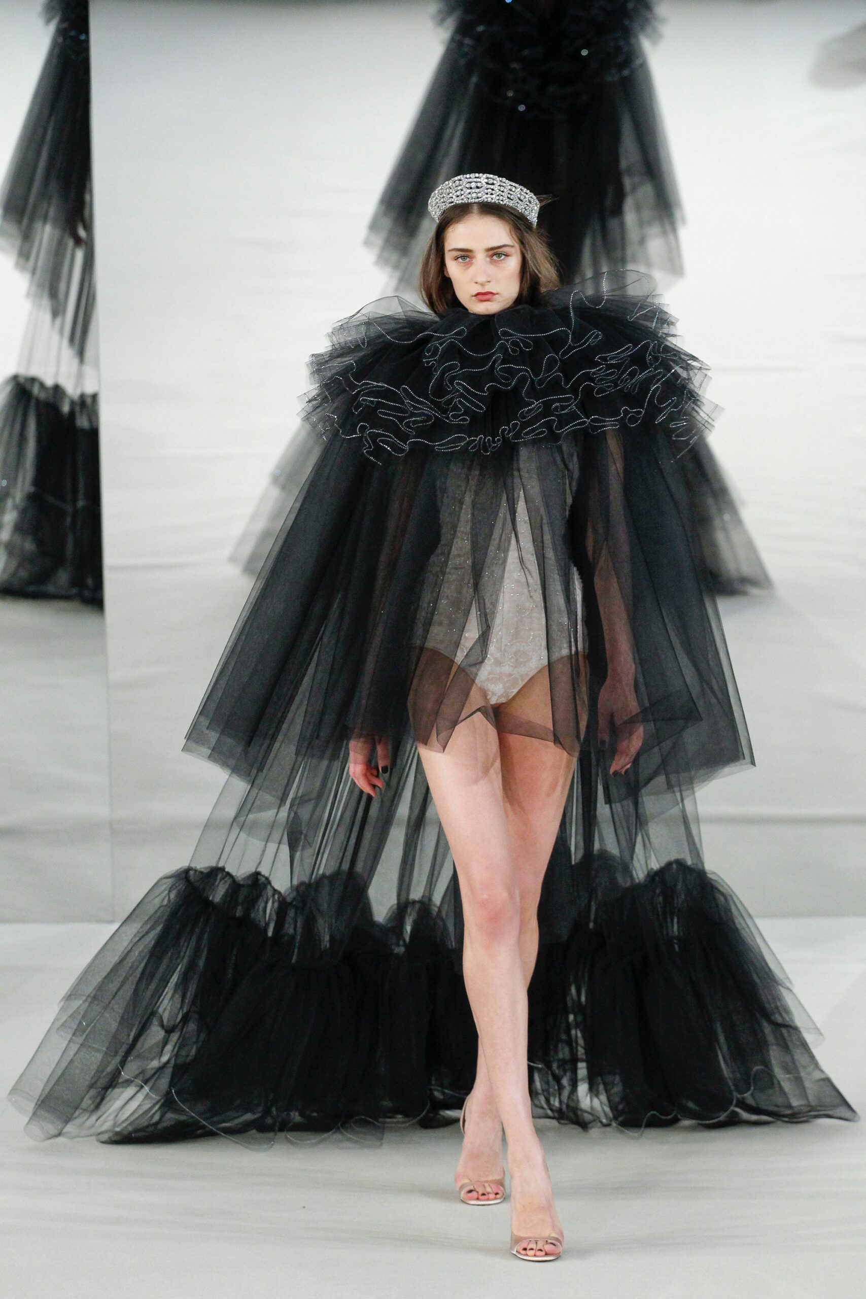 black tulle cape with metallic bodysuit
