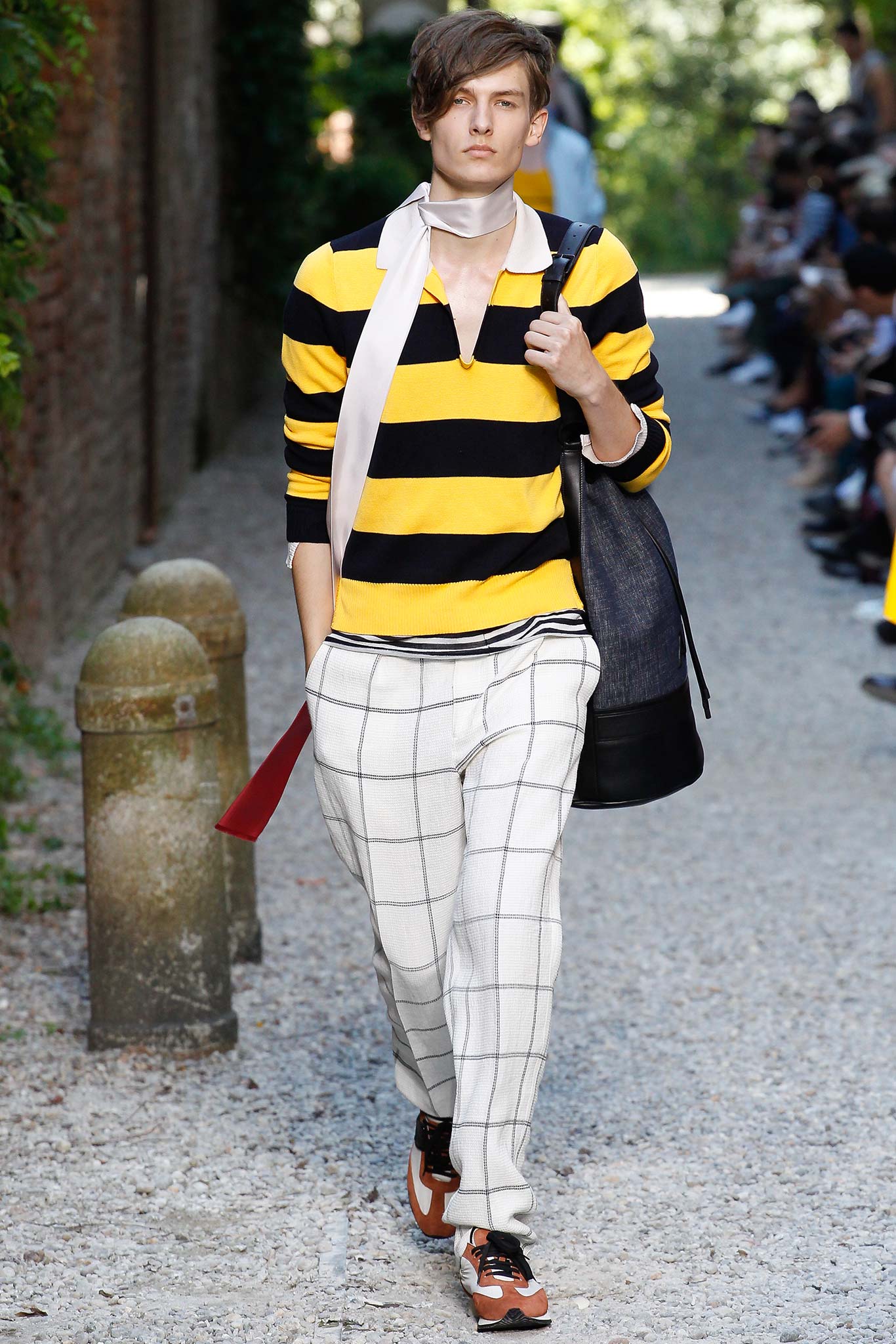 yellow and black striped shirt with checked pants
