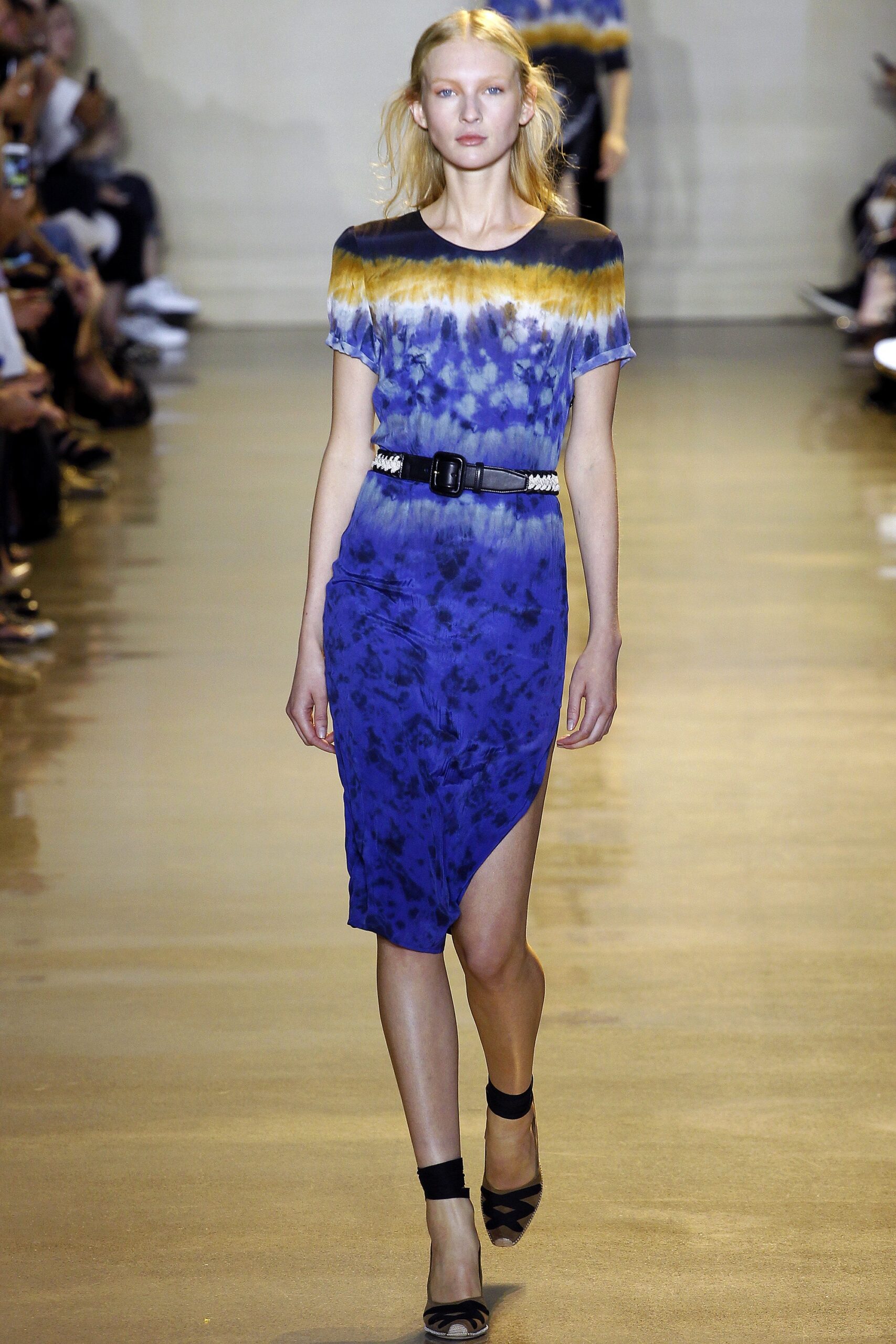 blue and orange tiered midi dress
