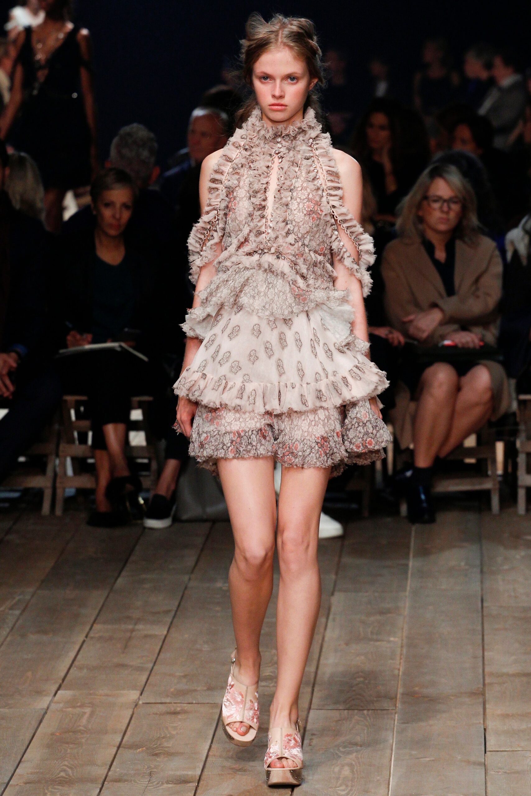 beige silk ruffled mini dress