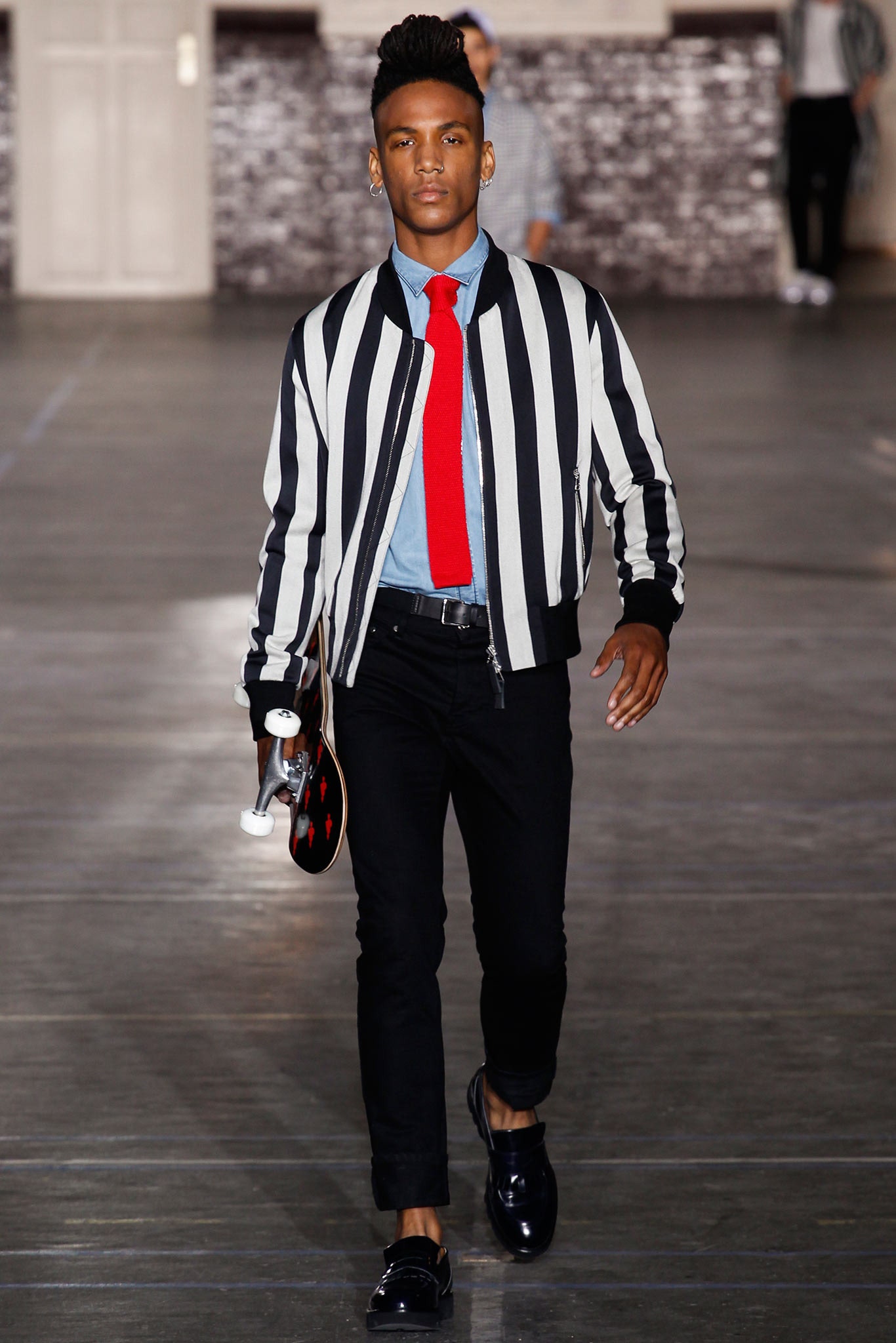 striped jacket with blue shirt