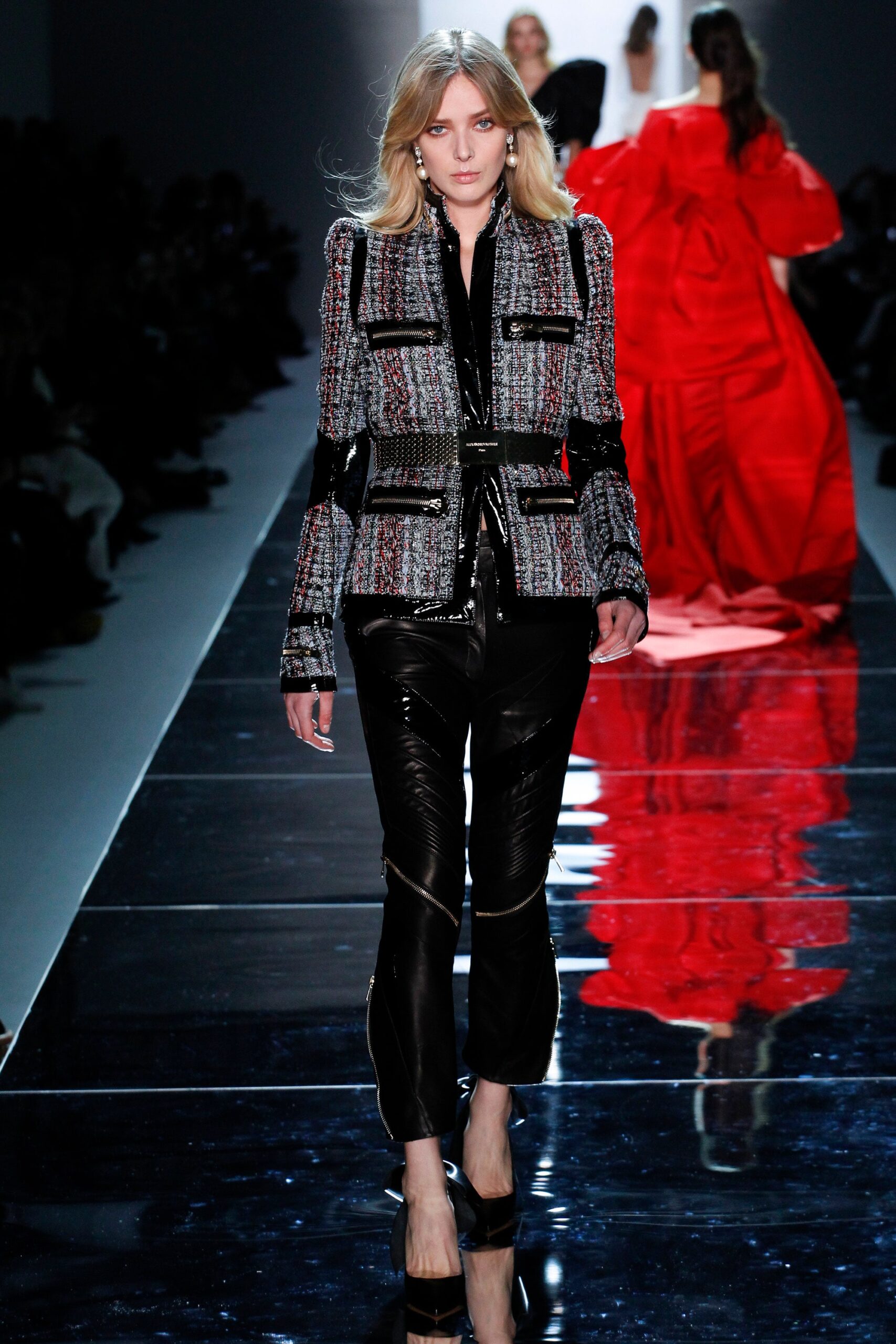 black tweed long-sleeve collared structured buttoned layered jacket