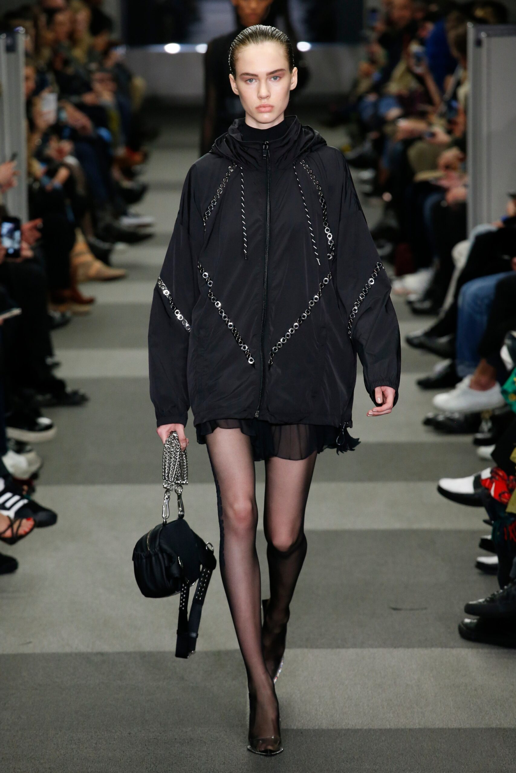 oversized black jacket with mini skirt