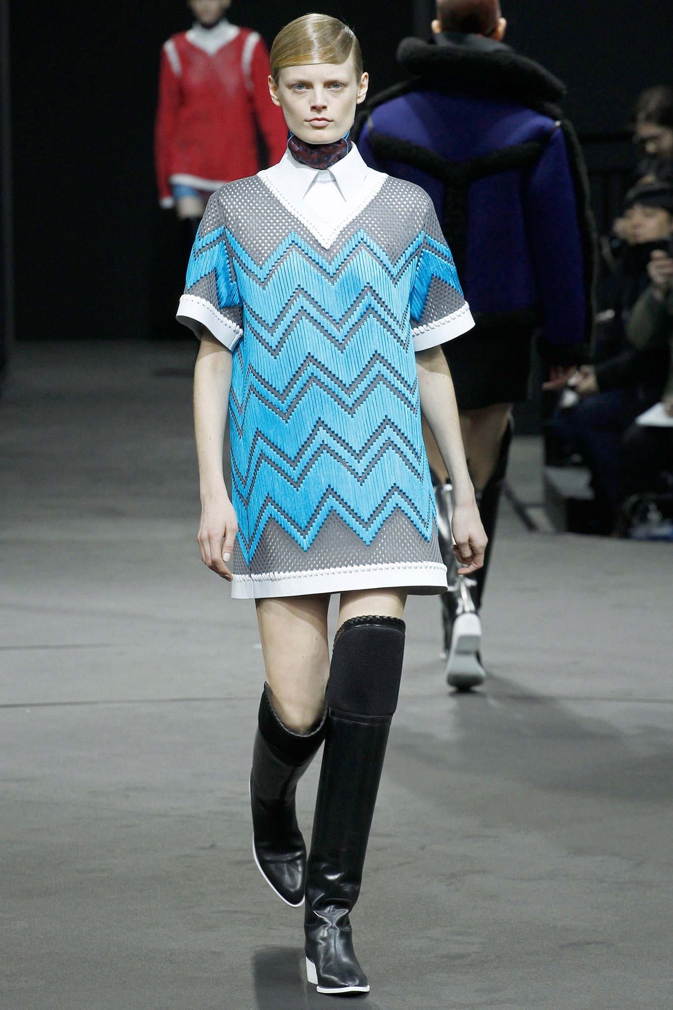 blue zigzag mesh dress with knee-high boots
