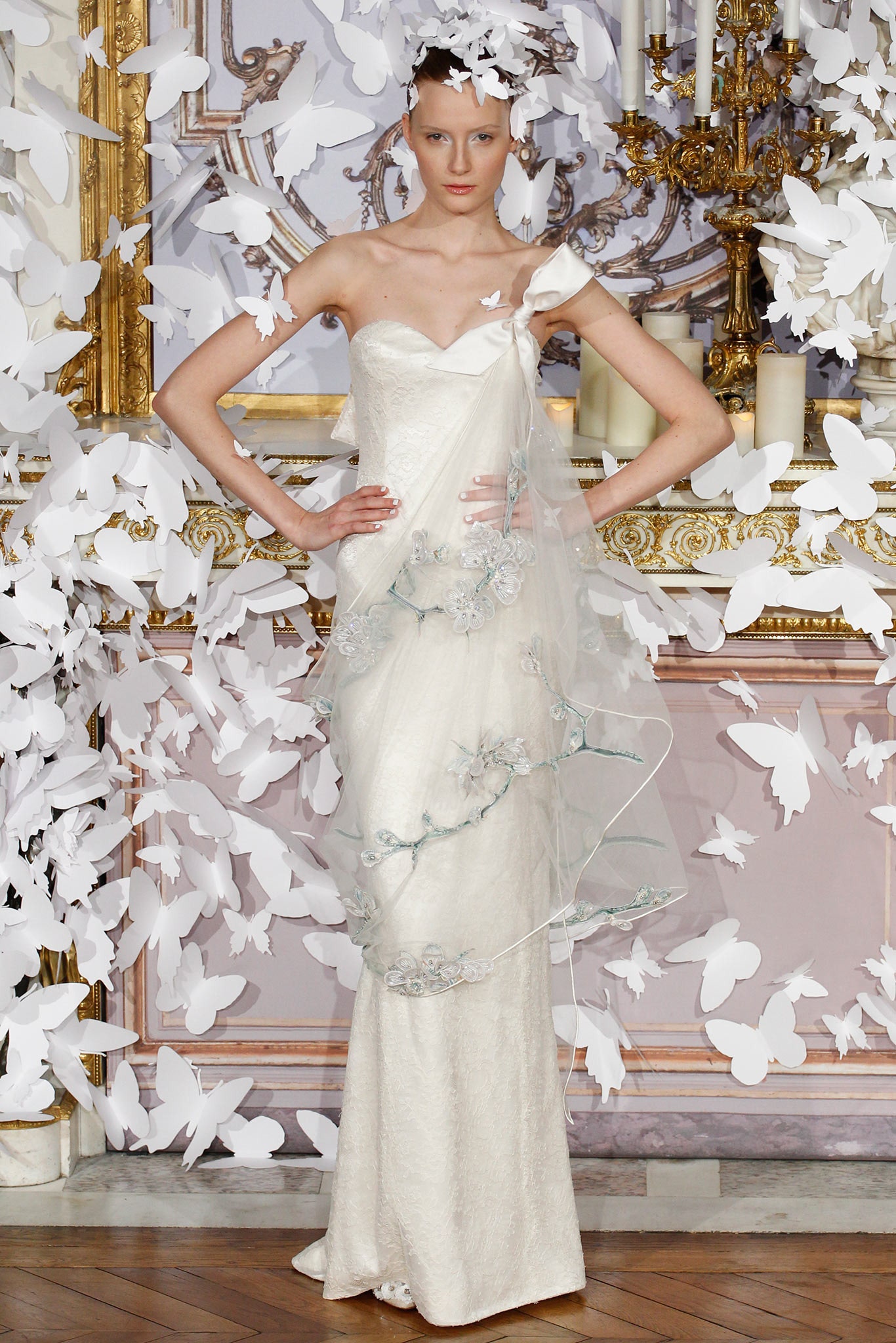 white silk strapless gown