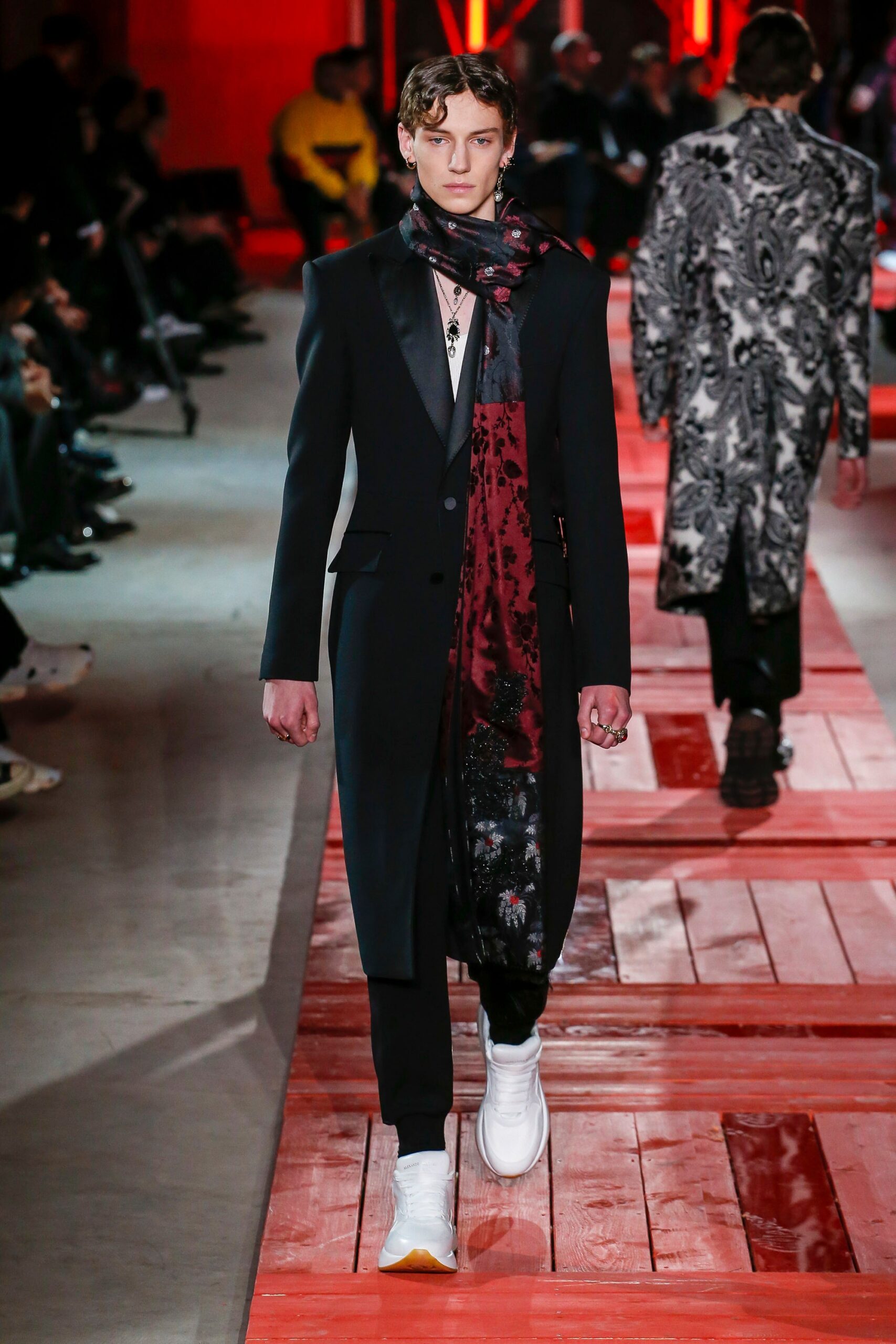 black tailored coat with scarf