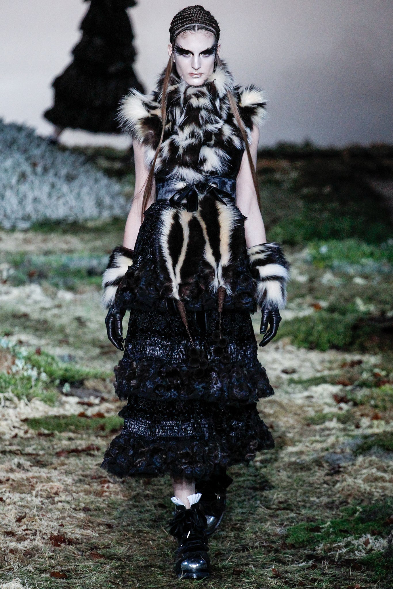 black fur sleeveless v-neck fitted tiered ruffled dress