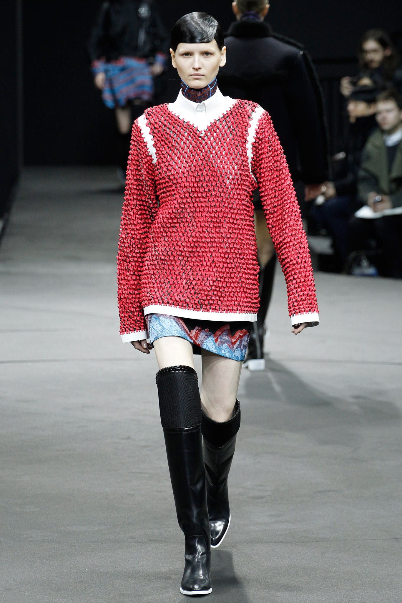 red cotton long-sleeve collared oversized layered sweater