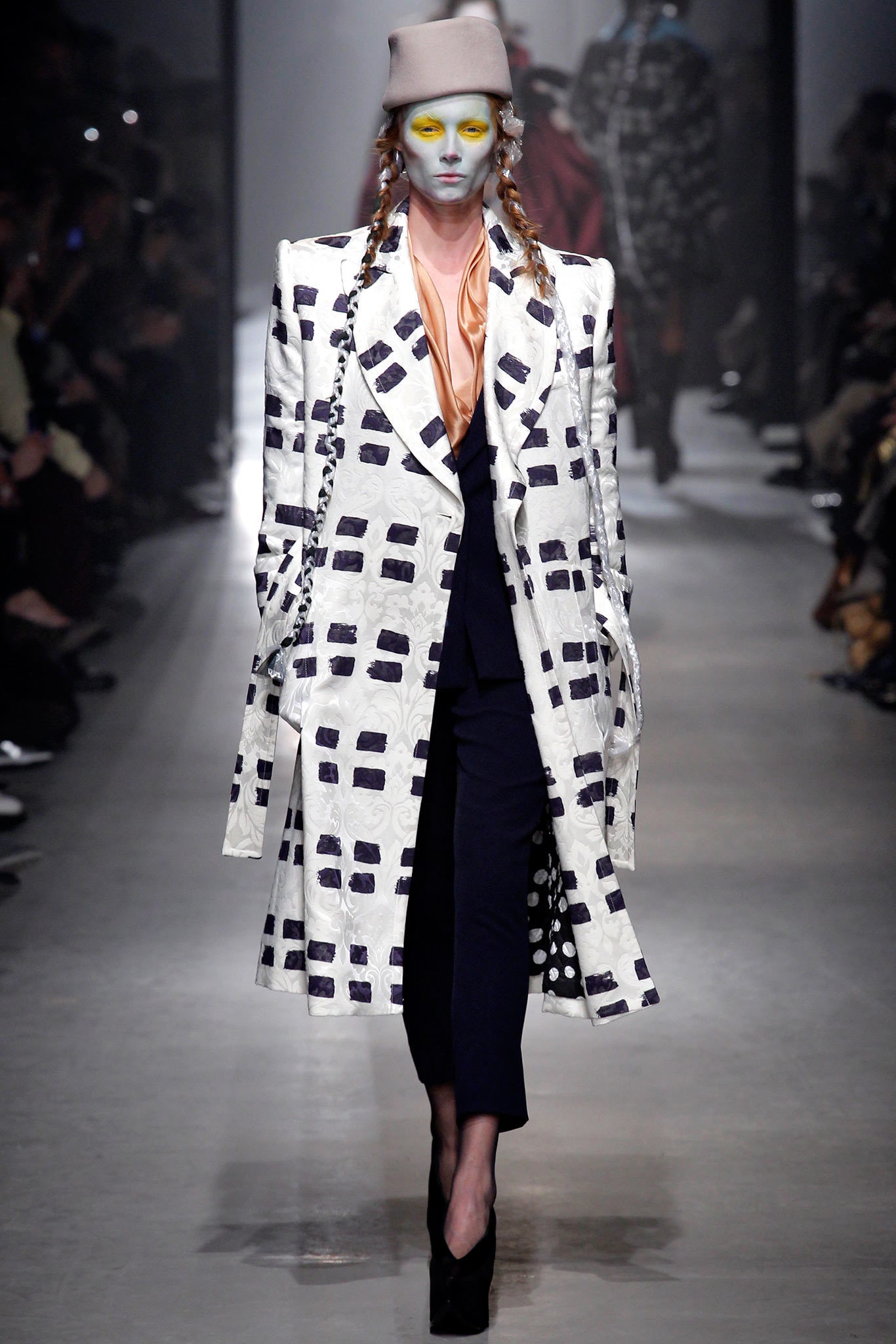 white cotton long-sleeve collared structured printed coat